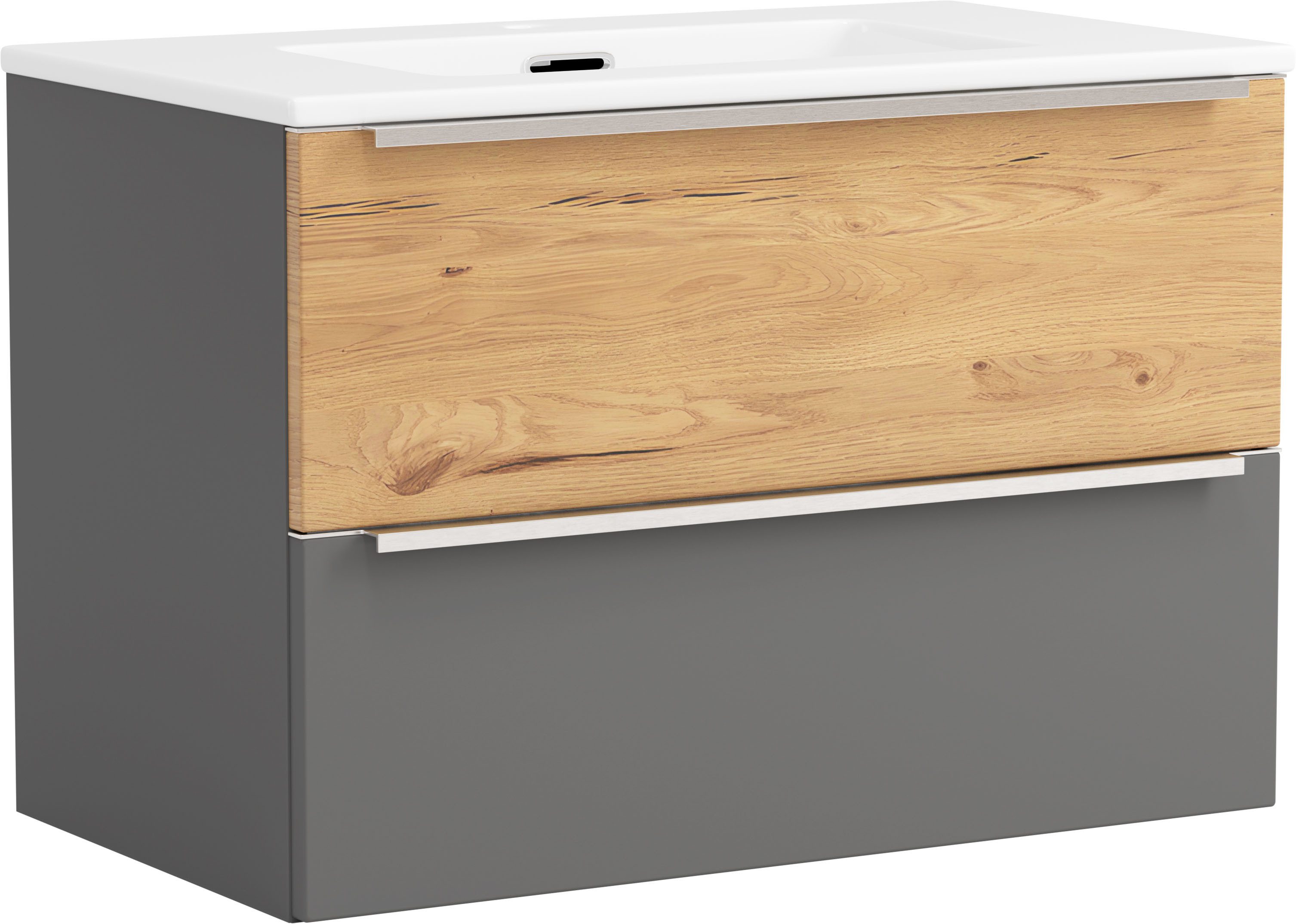 welltime Waschtisch TRIENT, Softclose-Auszüge, Keramikbecken (Maße (B/H/T): ca. 80/54/47 cm), matt onyx-grey/wildeiche, Keramikbecken