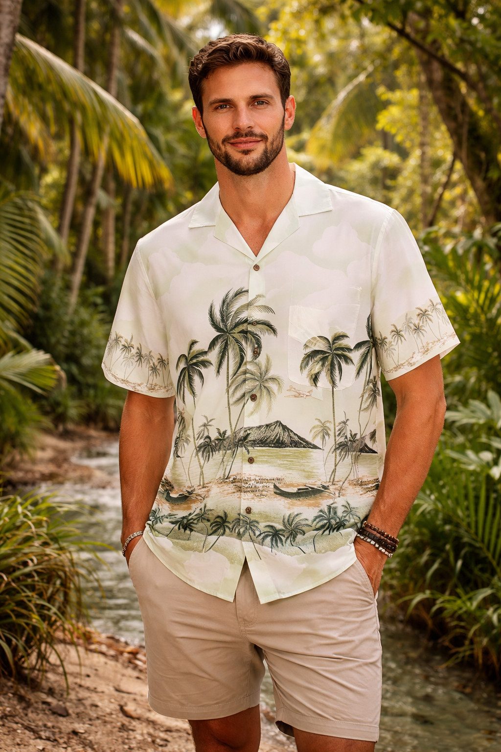 KY's Hawaiihemd "Palmbeach" Herren Kurzarm Baumwolle Kokosknöpfe Original Hawaii