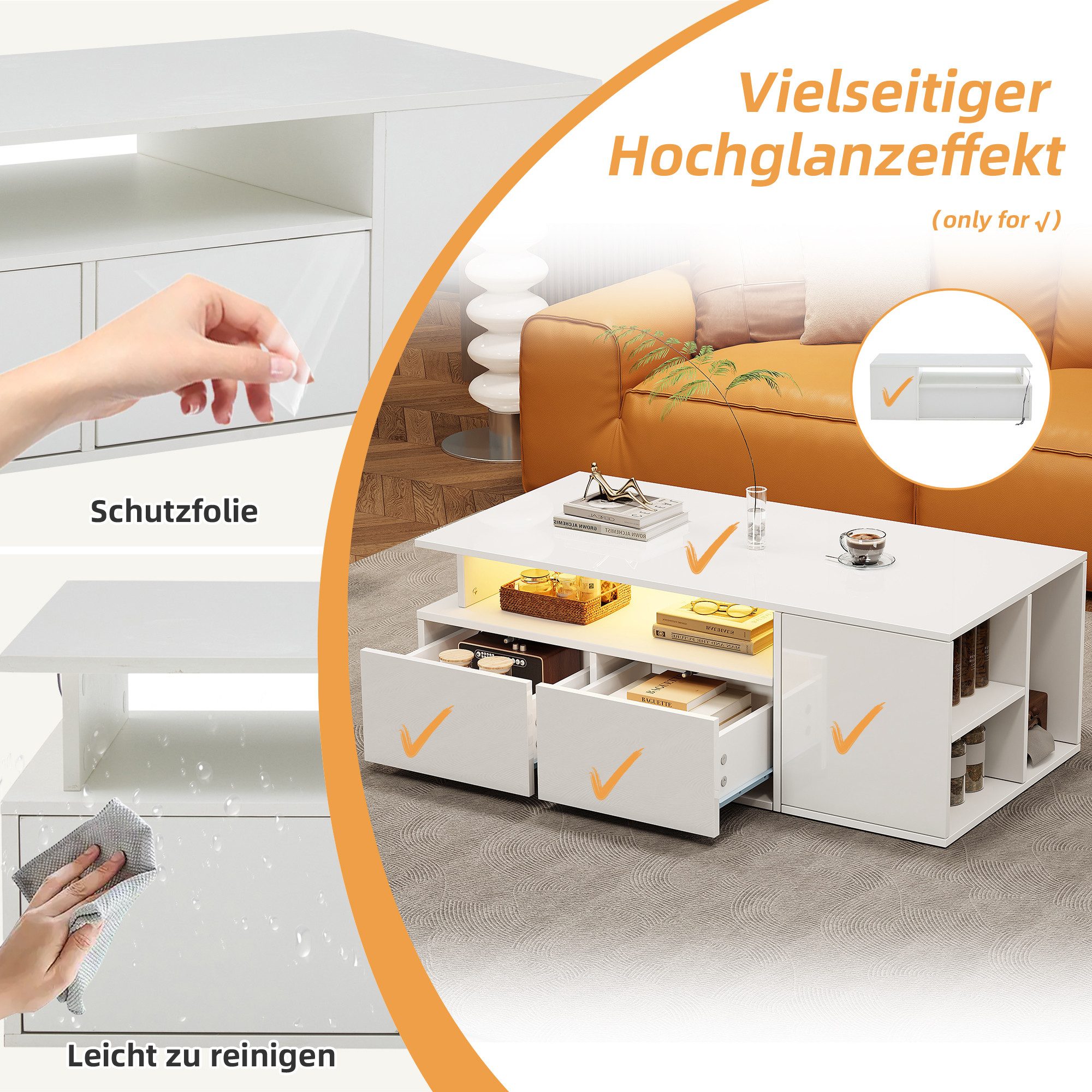 Merax Couchtisch hochglanz Sofatisch Beistelltisch mit LED-Beleuchtung (App-gesteuerter Beleuchtung, 1-St., 100x50x35cm), Beistelltisch Wohnzimmertisch mit 2 Sc – Bild 5 von 5