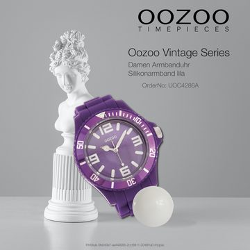 OOZOO Quarzuhr Oozoo Unisex Armbanduhr Vintage Series, (Analoguhr), Damen, Herrenuhr rund, extra groß (ca. 48mm) Silikonarmband lila