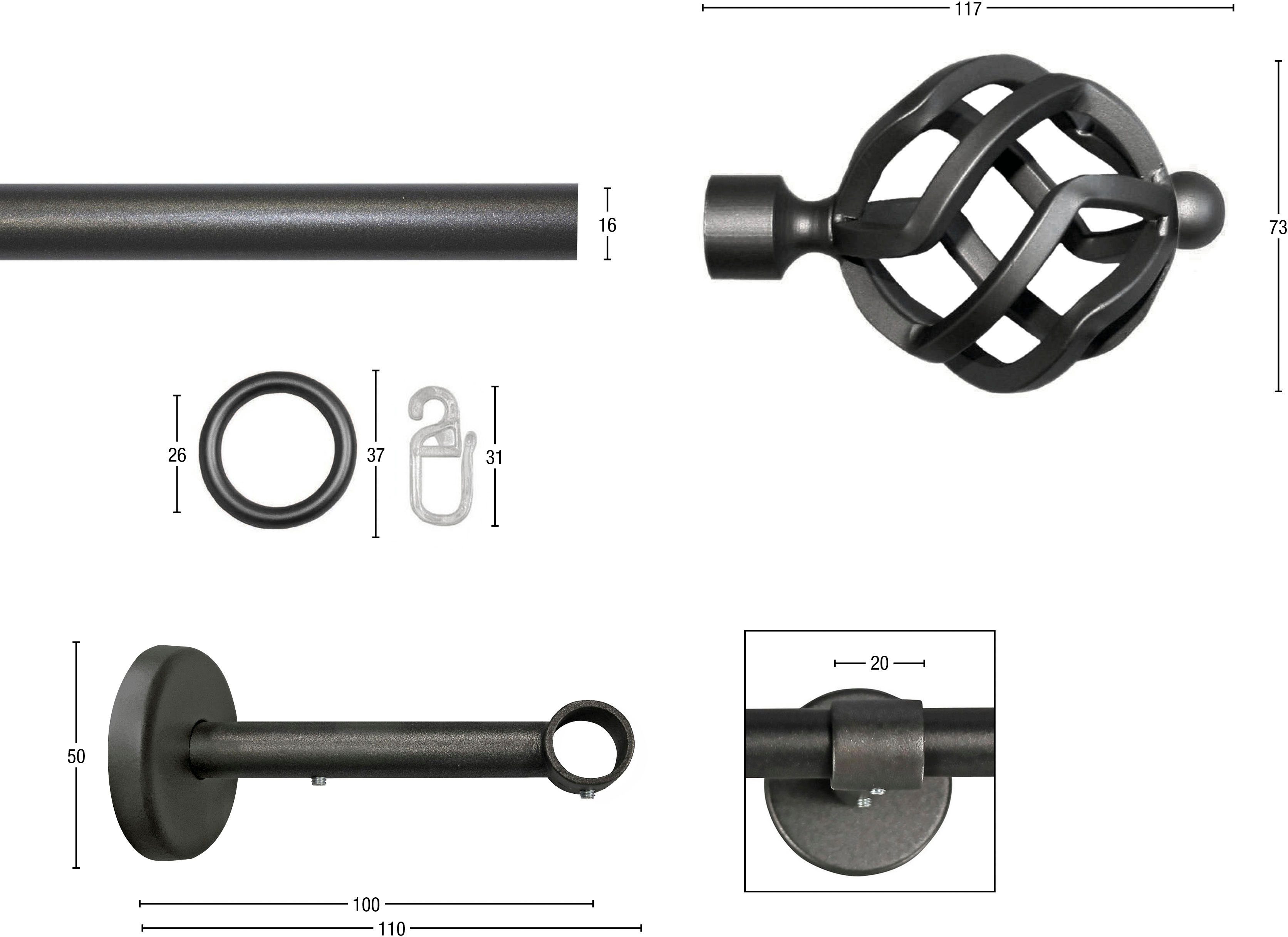 GARESA Gardinenstange RUSTIKA, Ø 16 mm, 1-läufig, Wunschmaßlänge, verschraubt, Metall, rustikale Vorhanggarnitur, verlängerbar, m. Ringe, Endknopf Korb