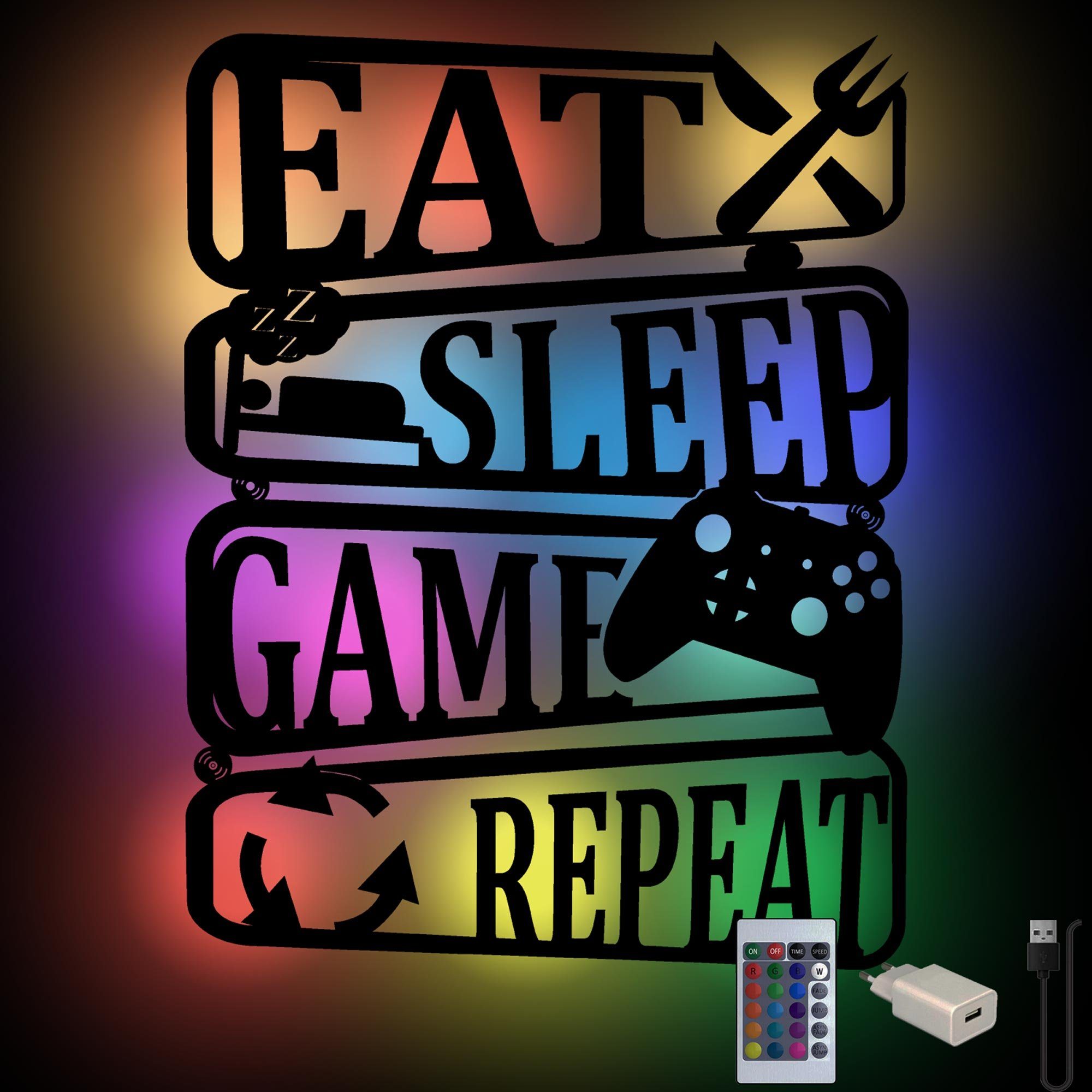 Namofactur LED Dekolicht Eat Sleep Game Repeat - Gamer Licht Wanddeko mit RGB Farbwechsel, LED fest integriert, RGB Farbwechsel, Wanddekoobjekt USB Wohnzimmer Leuchte mit Fernbedienung
