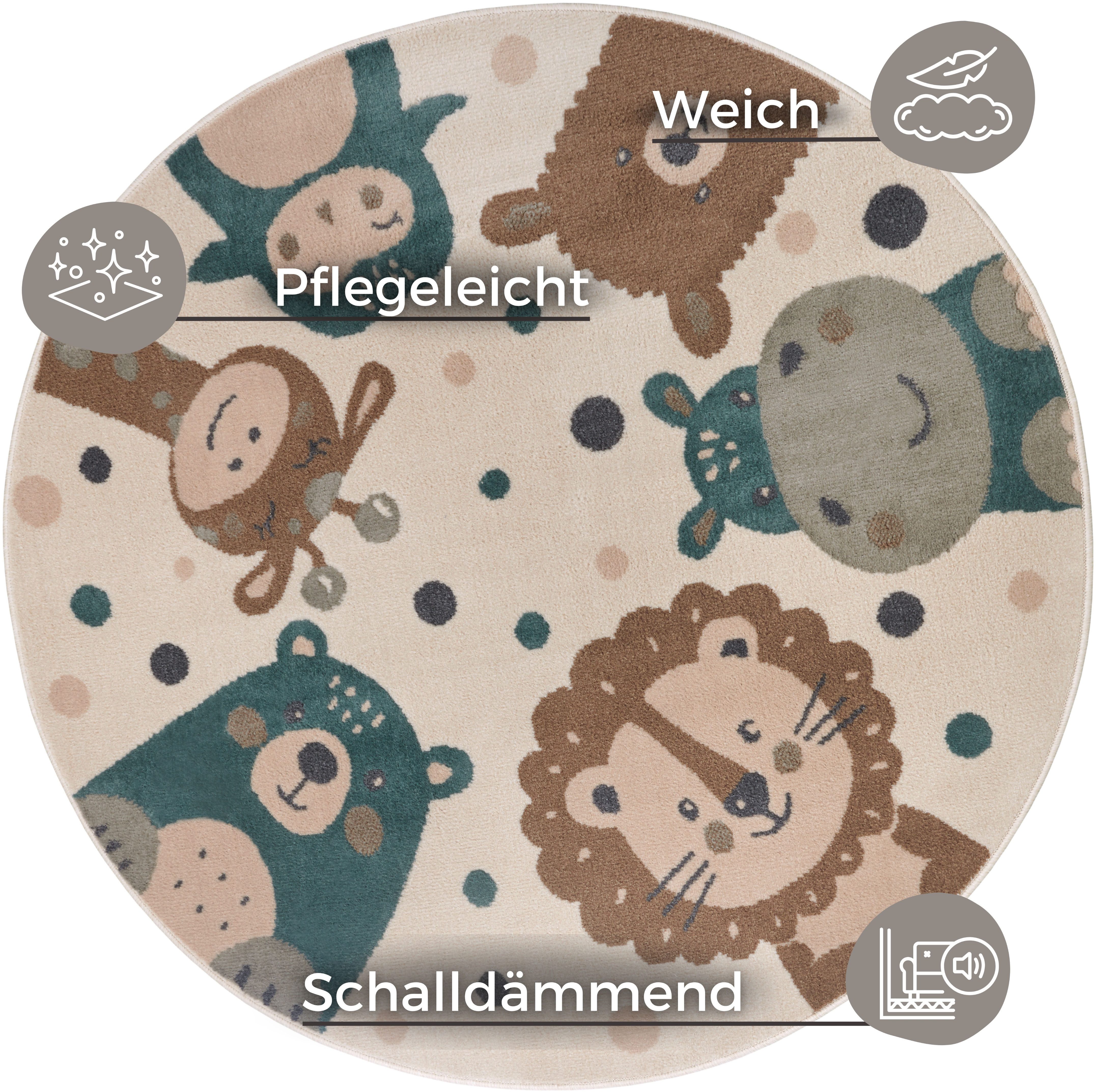 HANSE Home Kinderteppich Adventures Animal Party, rund, Höhe: 8 mm, Spielte günstig online kaufen