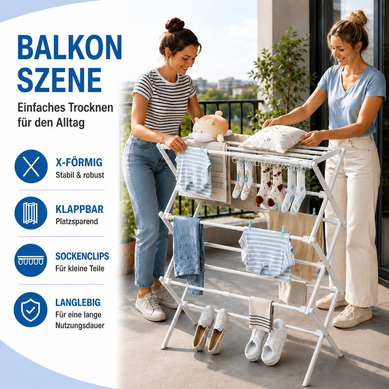 Yorbay Wäscheständer X Turmwäscheständer mit 6 Ebenen & 11 Stangen, Ausziehbar Klappbar, Platzsparender Standtrockner Mit Socken-Klammern - Stabil für Balkon