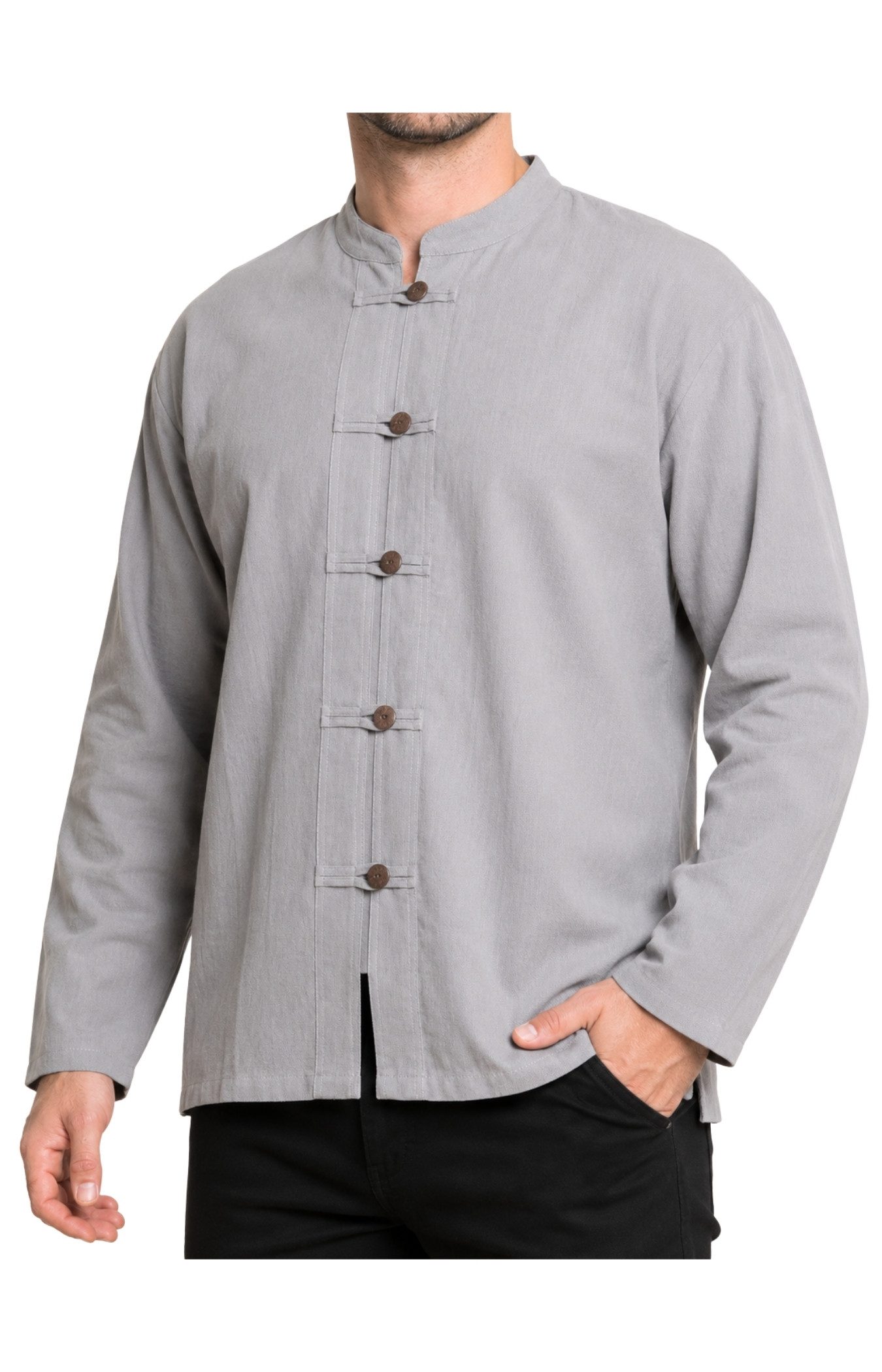 Langarmhemd Fischerhemd Herren - Fisherman Shirt aus 100% Baumwolle ohne Kragen
