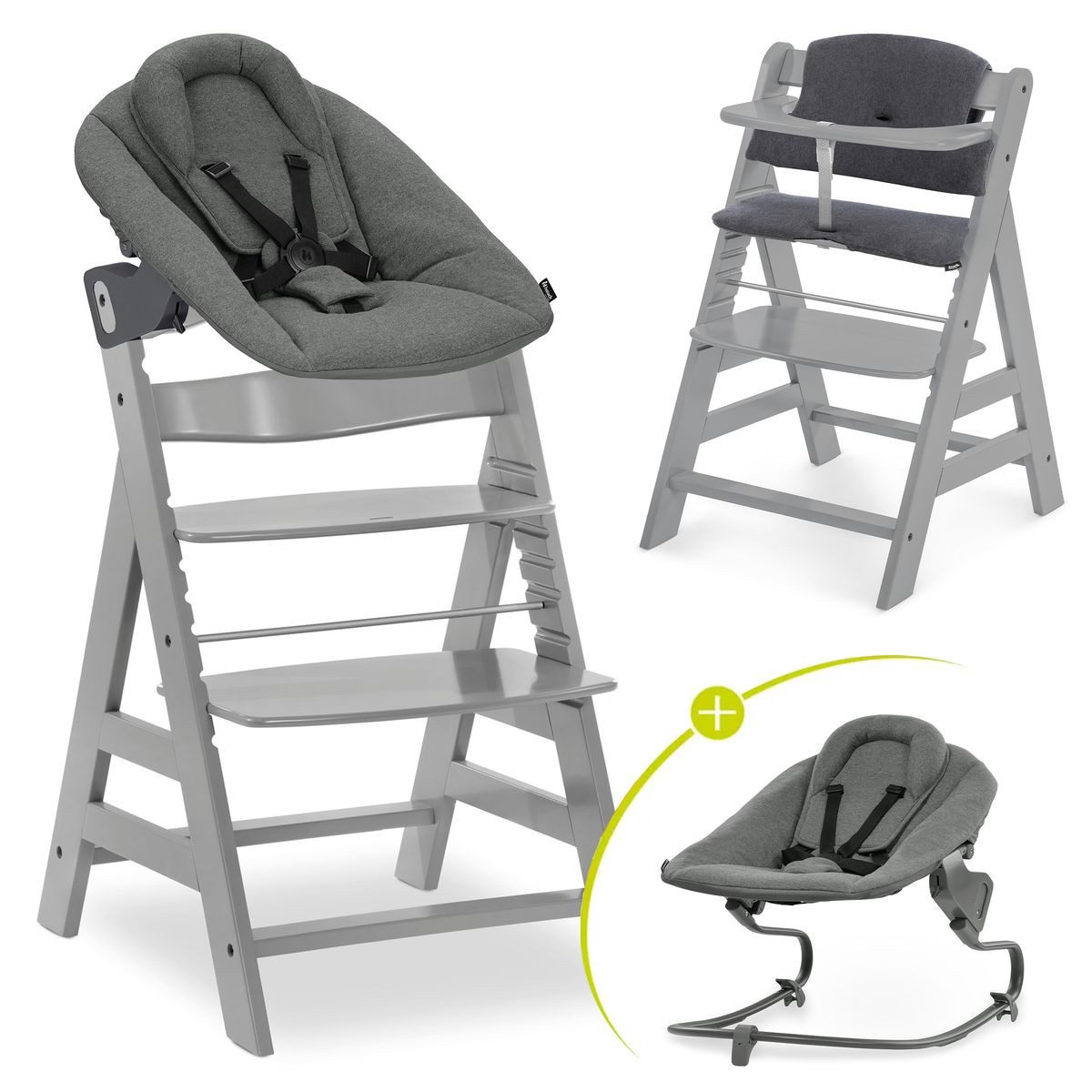 Hauck Hochstuhl Alpha Plus Newborn Set Premium - Grey, Holz Babyhochstuhl ab Geburt inkl. Neugeborenenaufsatz & Sitzkissen