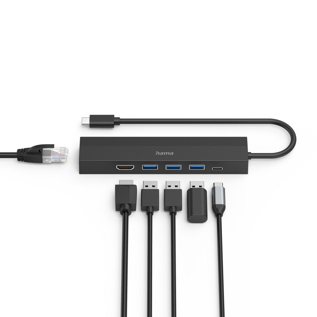 Hama USB-C Multiport Hub für Laptop mit 6 Ports, USB-A, USB-C, HDMI, LAN USB-Adapter USB-C zu HDMI, RJ-45 (Ethernet), USB Typ A, USB-C, 15 cm, Laptop Dockingstation, kompakt, schwarz