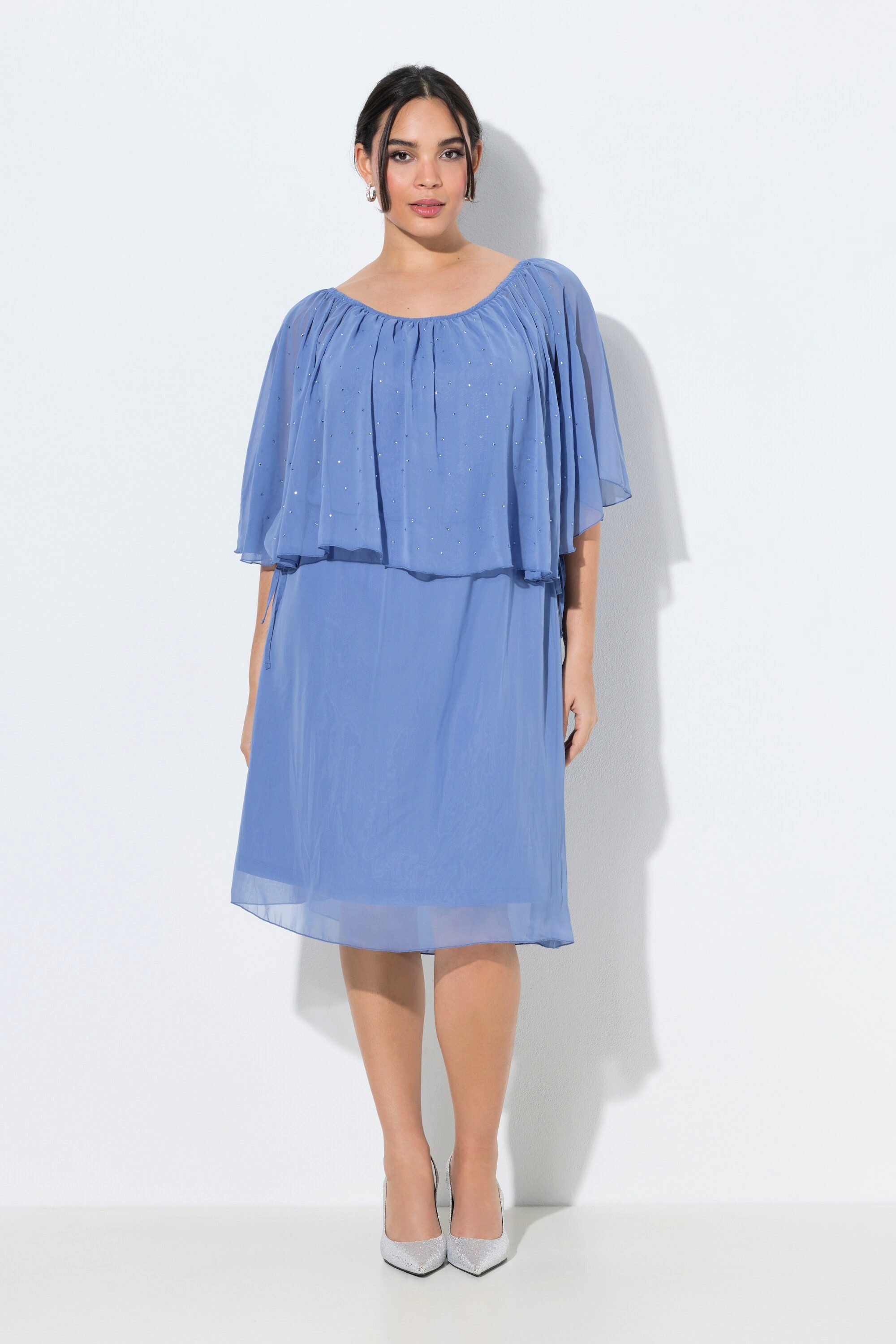 Ulla Popken Cocktailkleid Kleid Chiffonrüsche A-Linie Carmen-Ausschnitt