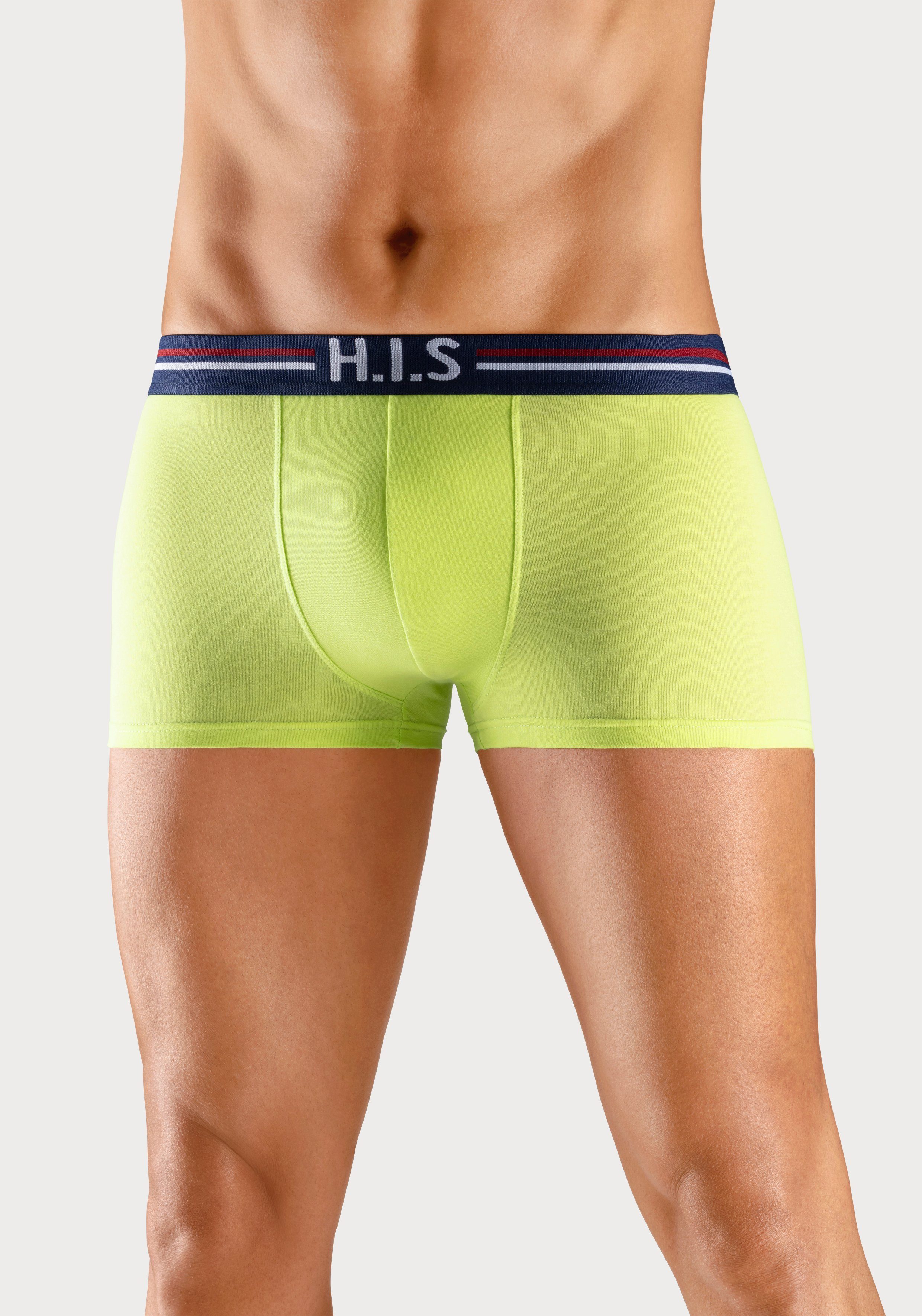 (Packung, im Markenlogo Bund Hipster-Form und mit H.I.S Boxershorts rot, in 5-St) blau, lime, Streifen grün, schwarz