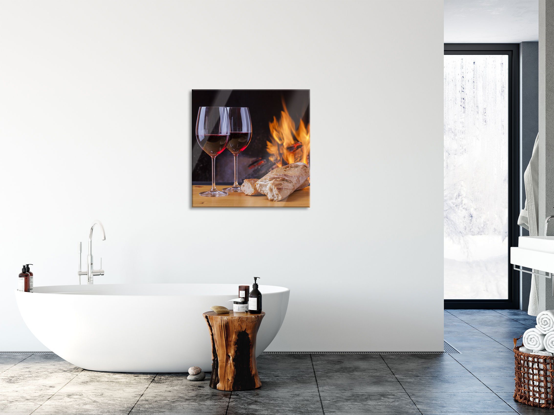 Abstandshalter inkl. Wein St), Glasbild Zwei Baguette, Wein aus (1 mit Aufhängungen Baguette Echtglas, und Gläser Gläser mit Zwei Pixxprint Glasbild