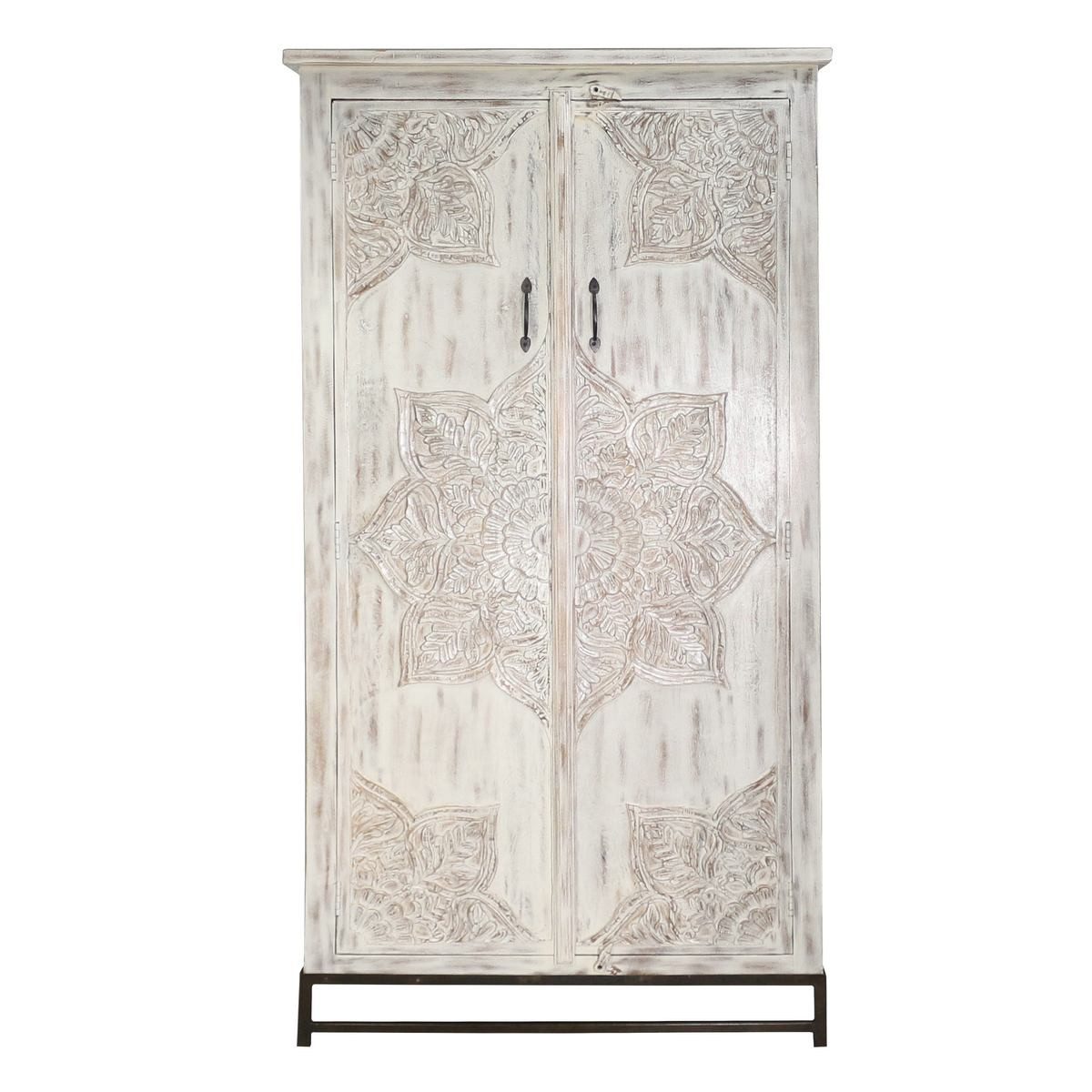 Oriental Galerie Mehrzweckschrank Weißer Schrank Jaspal Indien 190cm Wohnzimmerschrank Antik, Massivholz, mit Stahlgestell