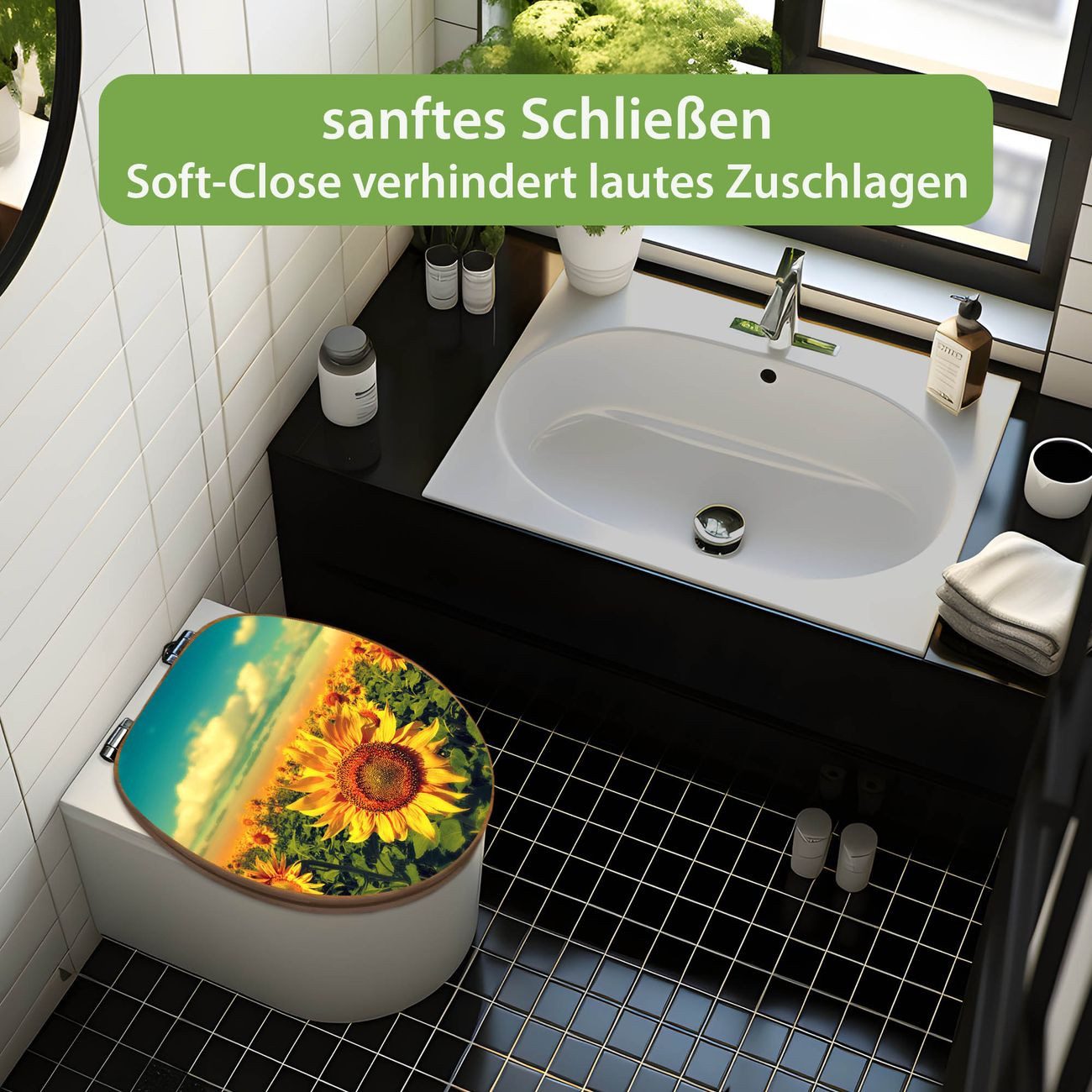 banjado WC-Sitz aus Bambus mit Absenkautomatik Motiv Sonnenblumen (umweltfreundliches Material, integrierte Absenkautomatik), 45,8 x 37,5 x 5 cm