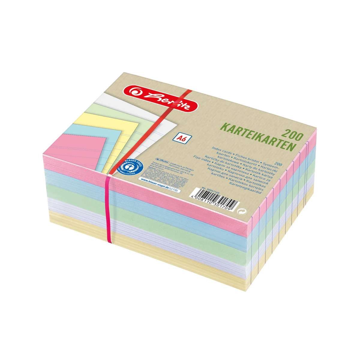 Herlitz Karteikarten Karteikarte A6 liniert farbig sortiert 4 Farben plus weiß Blauer Engel