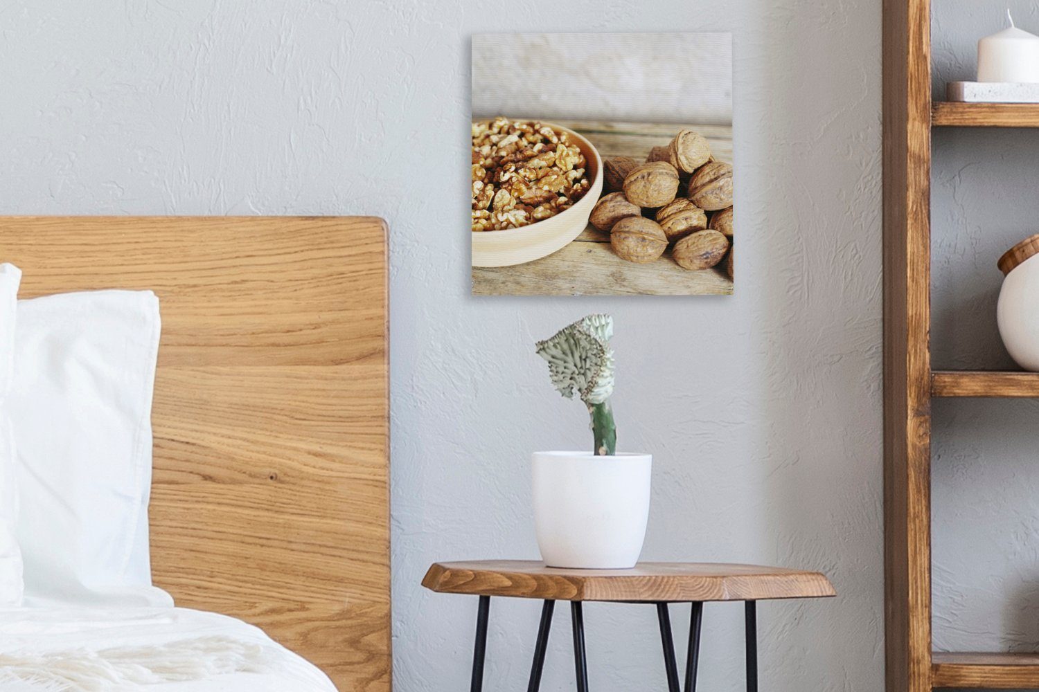 OneMillionCanvasses® Leinwandbild Holztisch, Bilder für Schlafzimmer einem Leinwand und auf geknackte Ganze St), (1 Walnüsse Wohnzimmer