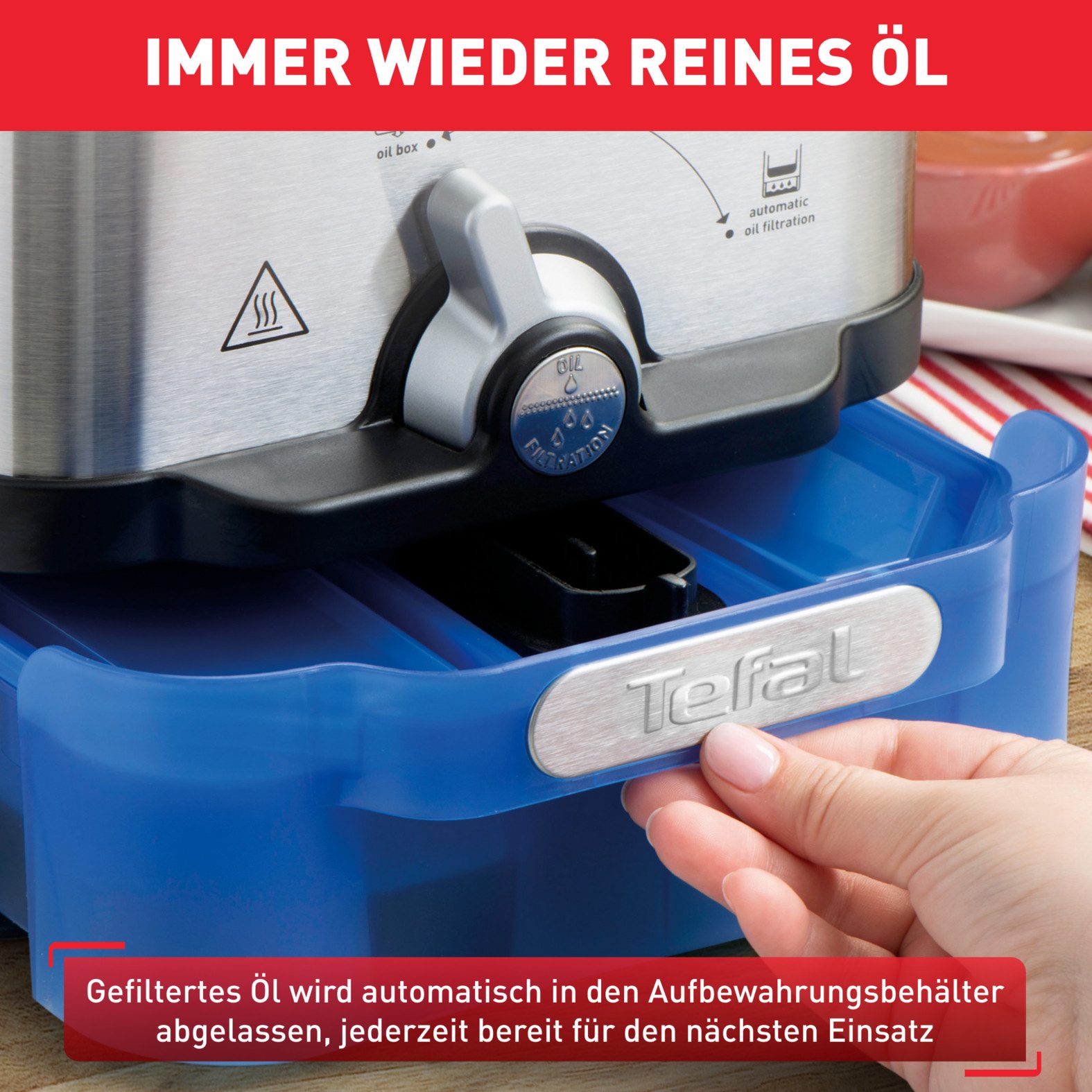 Tefal Kaltzonenfritteuse Oleoclean Pro, Kapazität 1,2 kg, herausnehmbarer Ölbehälter, 2300 W, automatische Öl/Fett Filterung, Timer, Thermostat, 3,5l Öl, FR8040 – Bild 4 von 5