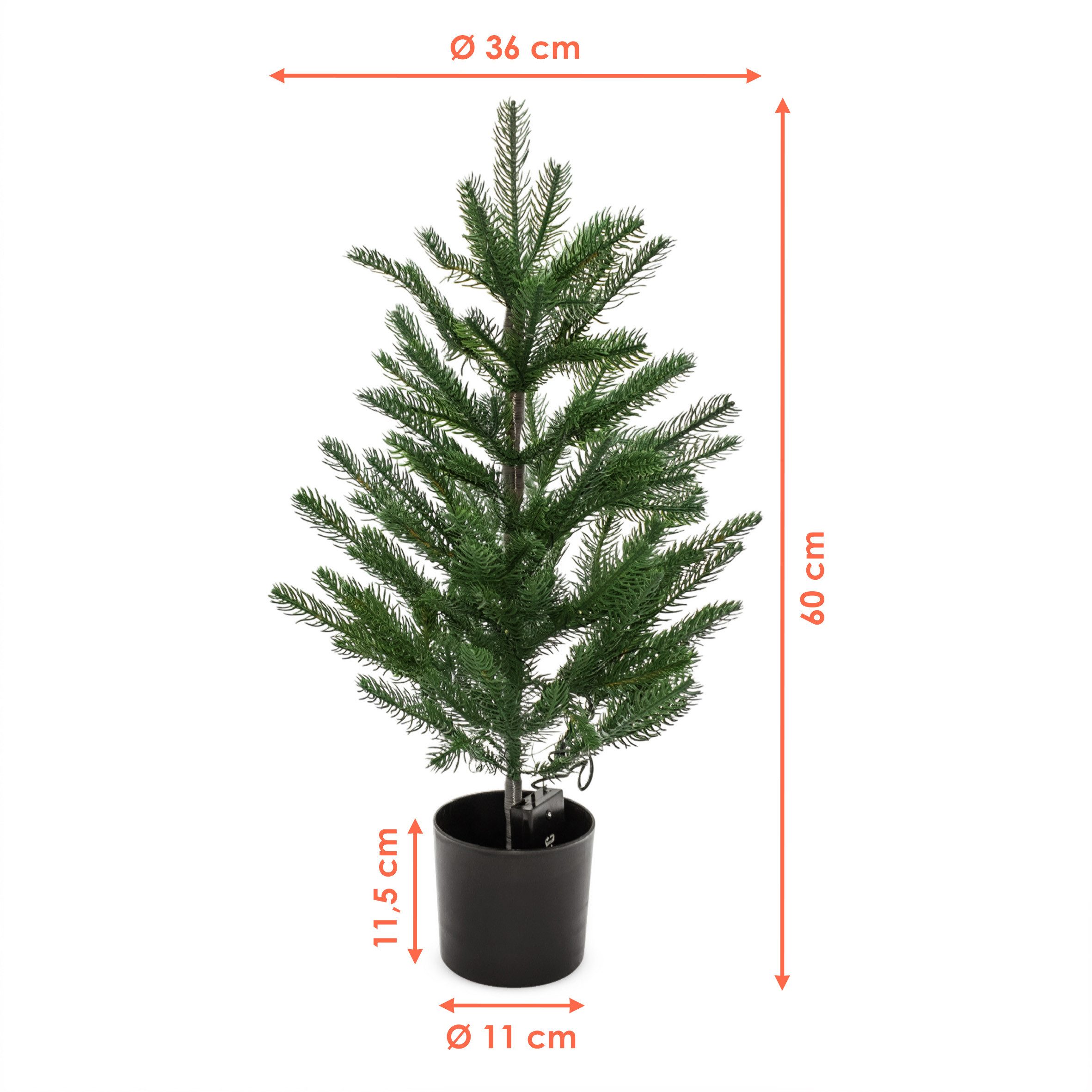 Spetebo Künstlicher Weihnachtsbaum Tannenbaum 60 cm Höhe im schwarzen Blumentopf beleuchtet mit 30 LED, dekoriert mit einer 30 LED Lichterkette