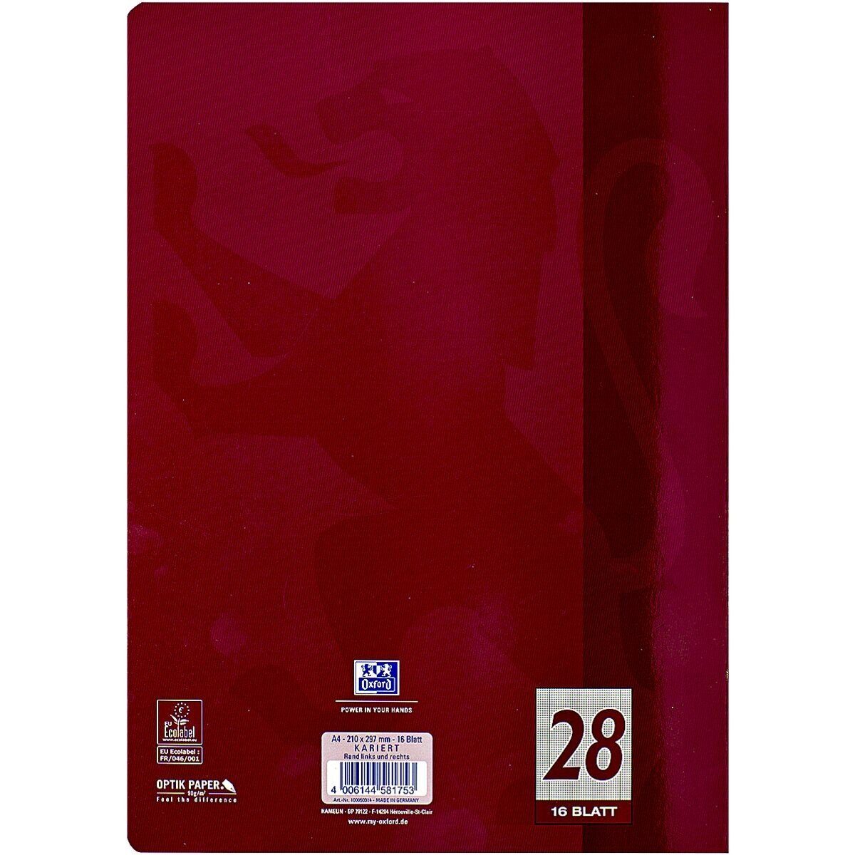 OXFORD Schulheft Schule, A4, kariert (Lineatur 28), Innen-/ Außenrand, ungelocht, 16 Blatt