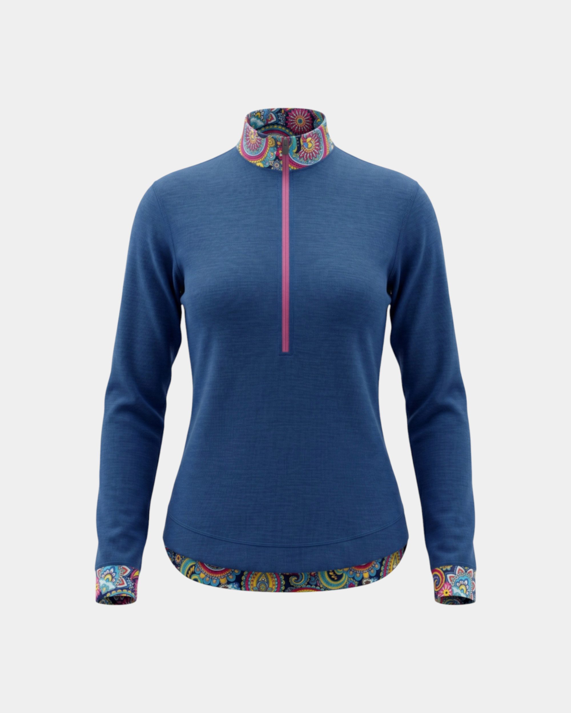 Freisein Project Funktionsshirt TwistedSkyBlue Merino-Mix-Baselayer mit Paisley-Details und Half-Zip