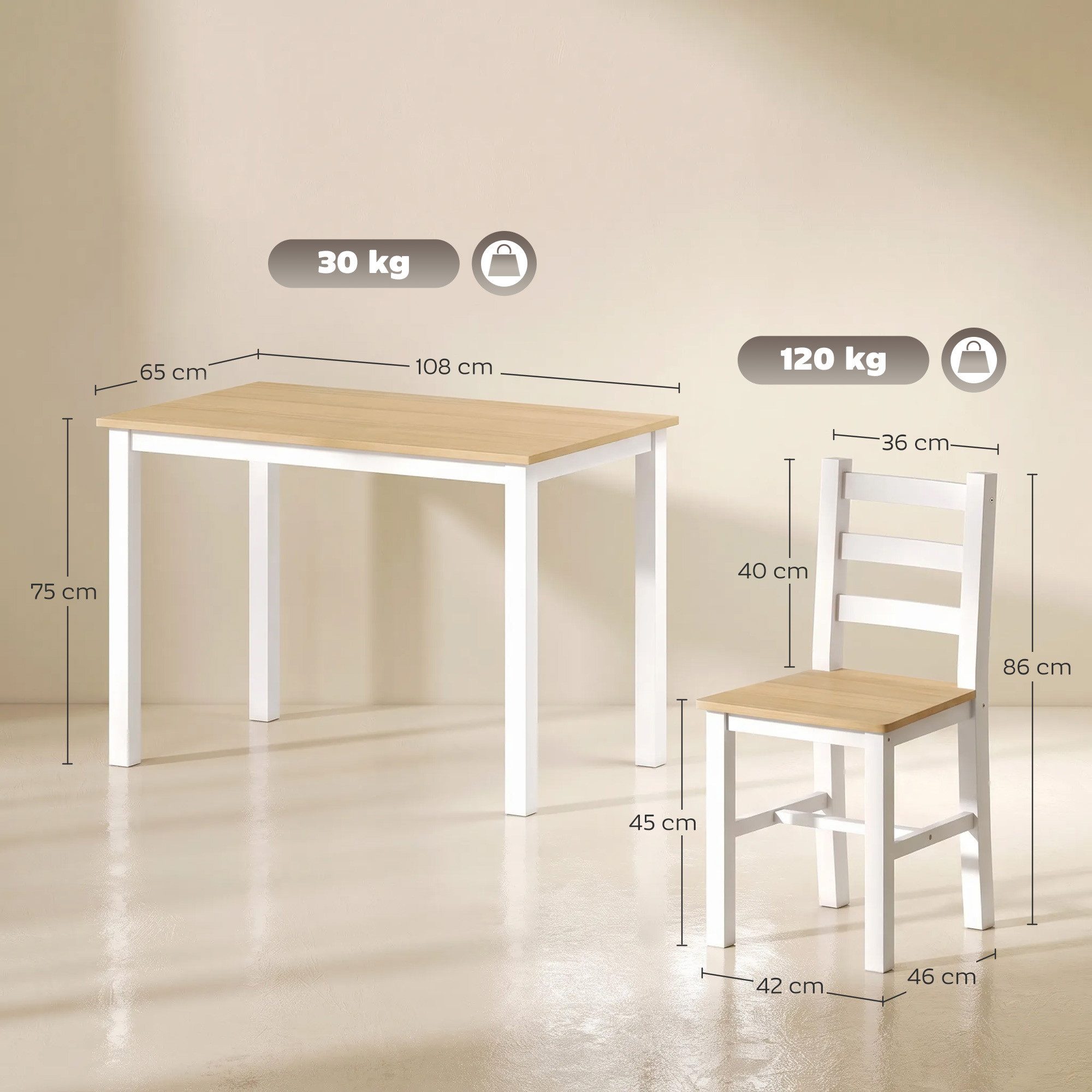 HOMCOM Essgruppe Esstisch mit 4 Stühlen aus Massivholz, (Set, 5-tlg., 1 Tisch, 4 Stühle), Platzsparendes Set, Stühle unterschiebbar