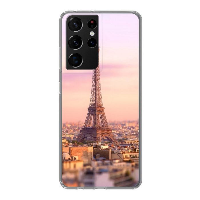 MuchoWow Handyhülle Blick über Paris mit dem darüber aufragenden Eiffelturm Phone Case Handyhülle Samsung Galaxy S21 Ultra Silikon Schutzhülle