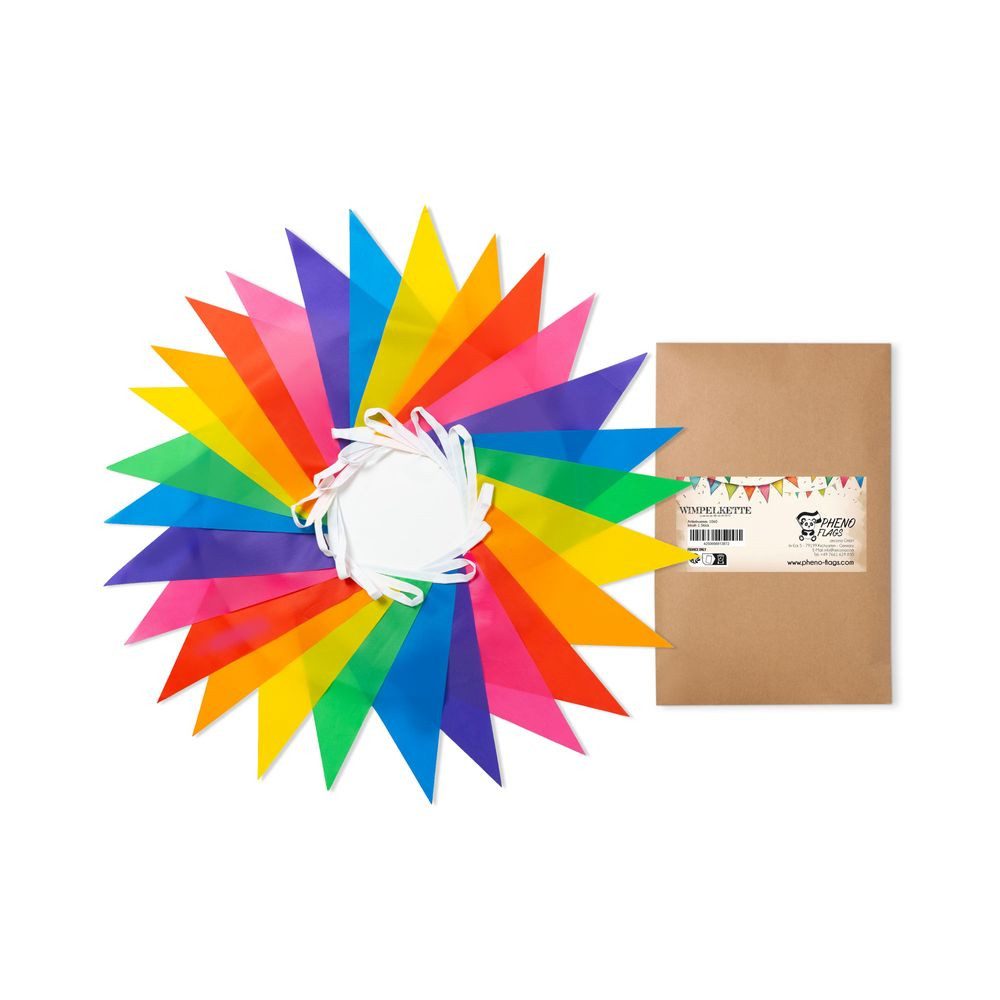 PHENO FLAGS Flagge Wimpelkette mit 7 Farben, 10m, wiederverwendbar