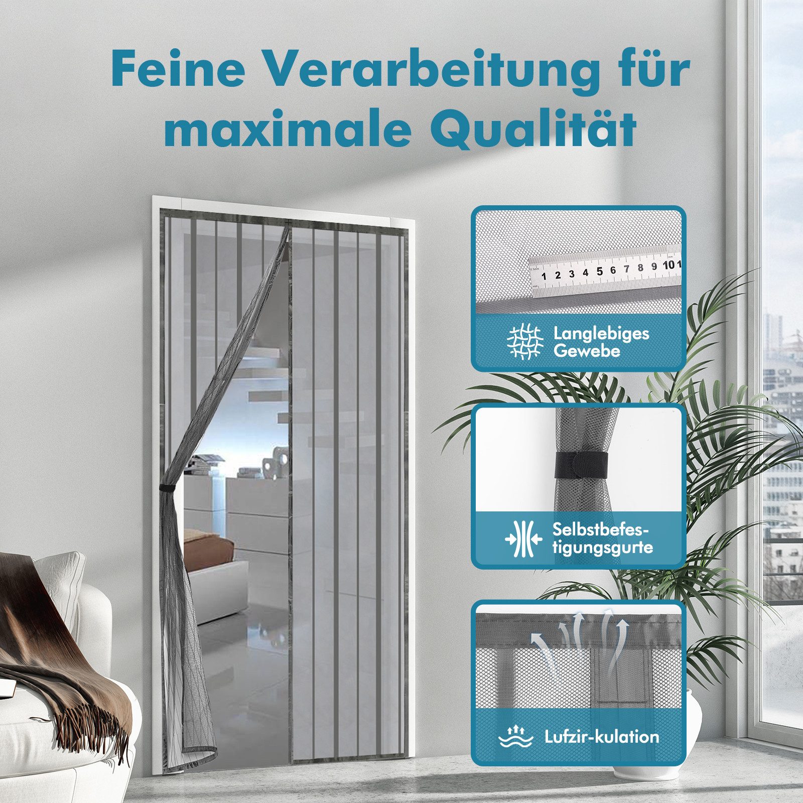 Sekey Insektenschutz-Tür Fliegengittertür magnetisch für Balkontür, Terrassentür und Fenster, Magnetvorhang, Mückenschutz, ohne Bohren, grau
