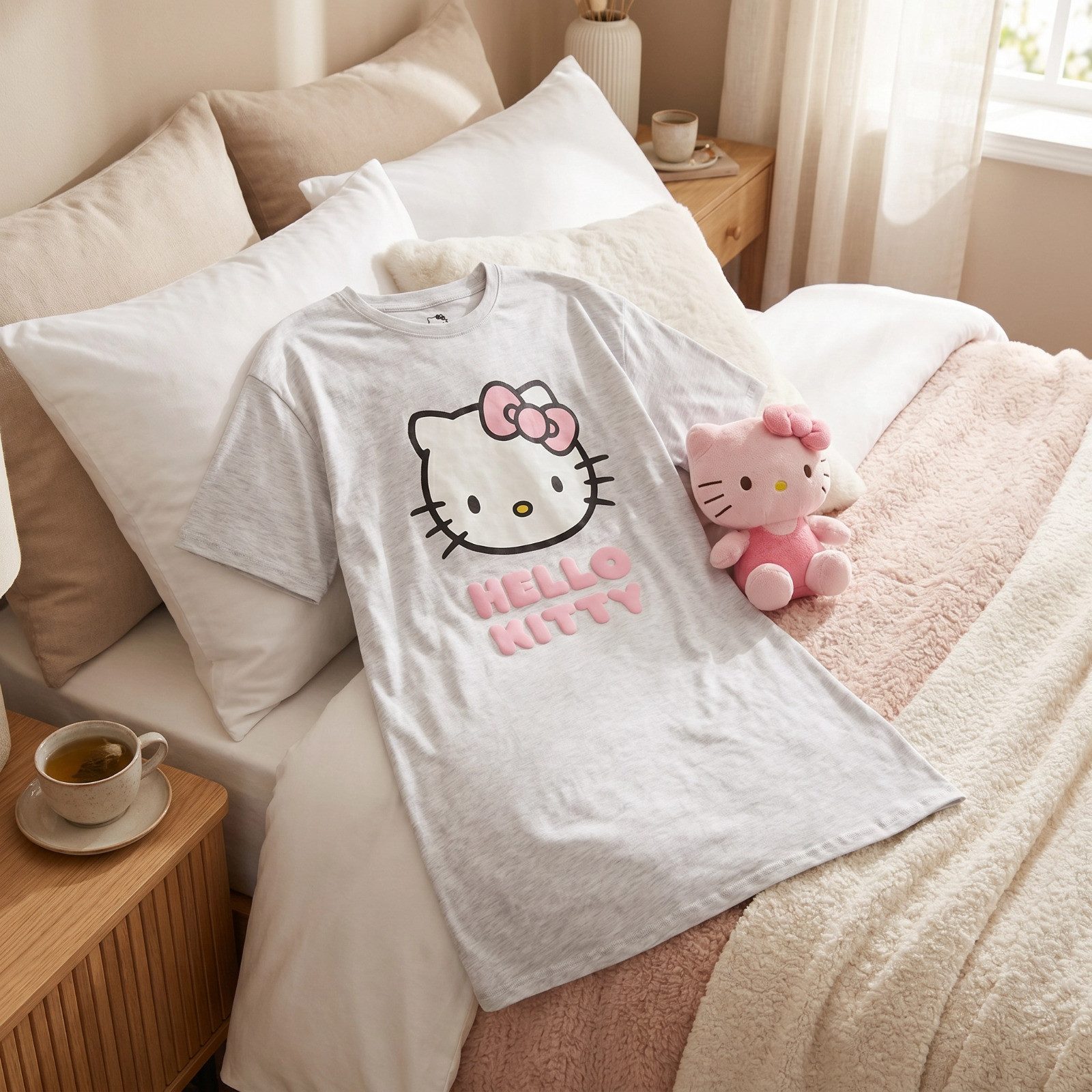 Hello Kitty Schlafanzug Hello Kitty Classic Damen kurzarm Schlafshirt Shirt Nachtshirt Gr S-XL