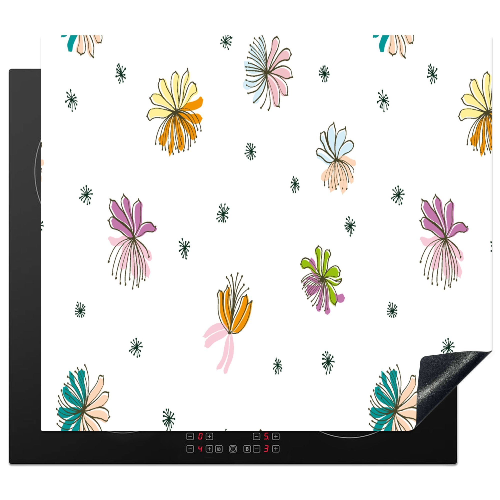 MuchoWow Herdblende-/Abdeckplatte Blumen - Regenbogen - Flora - Pastell - Muster, Vinyl, (1 tlg), 60x52 cm, Mobile Arbeitsfläche nutzbar, Ceranfeldabdeckung