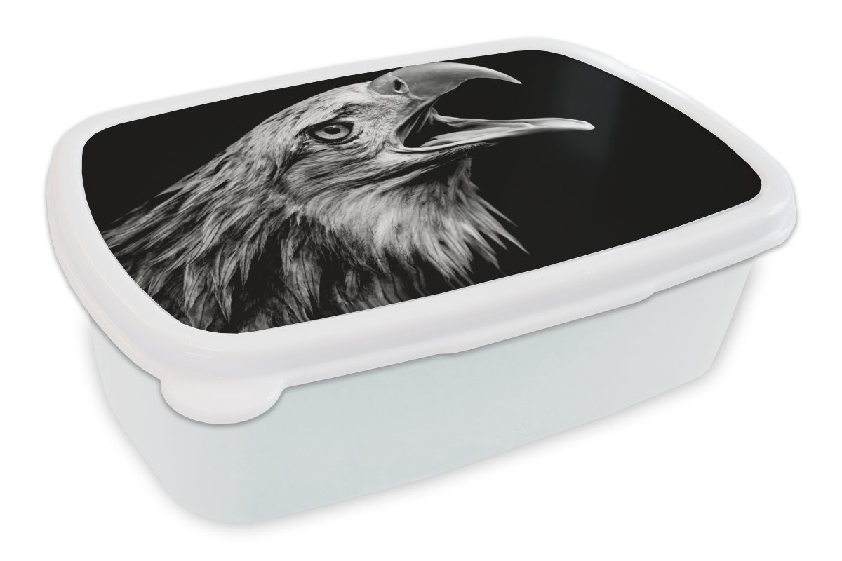 MuchoWow Lunchbox Adler - Porträt - Raubvögel - Schwarz - Weiß - Vogel, Kunststoff, (2-tlg), Brotbox für Kinder und Erwachsene, Brotdose, für Jungs und Mädchen