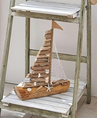 Dekoleidenschaft Dekofigur Segelboot "Sailor" aus Treibholz mit Muscheln, 39 cm hoch, Dekoboot, maritime Deko Holzschiff Segelschiff Holzboot Boot Schiff Schiffchen