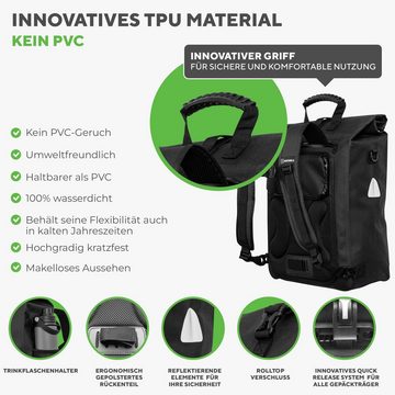 Bronea Fahrradtasche 3in1 Wasserdicht - 28L - SCHWARZ - Kombi Rucksack & Umhängetasche (Schnellmontage an Gepäckträger, Integrierte Laptoptasche), PVC-frei - Reflektierende Elemente - Gepolsterte Rückwand