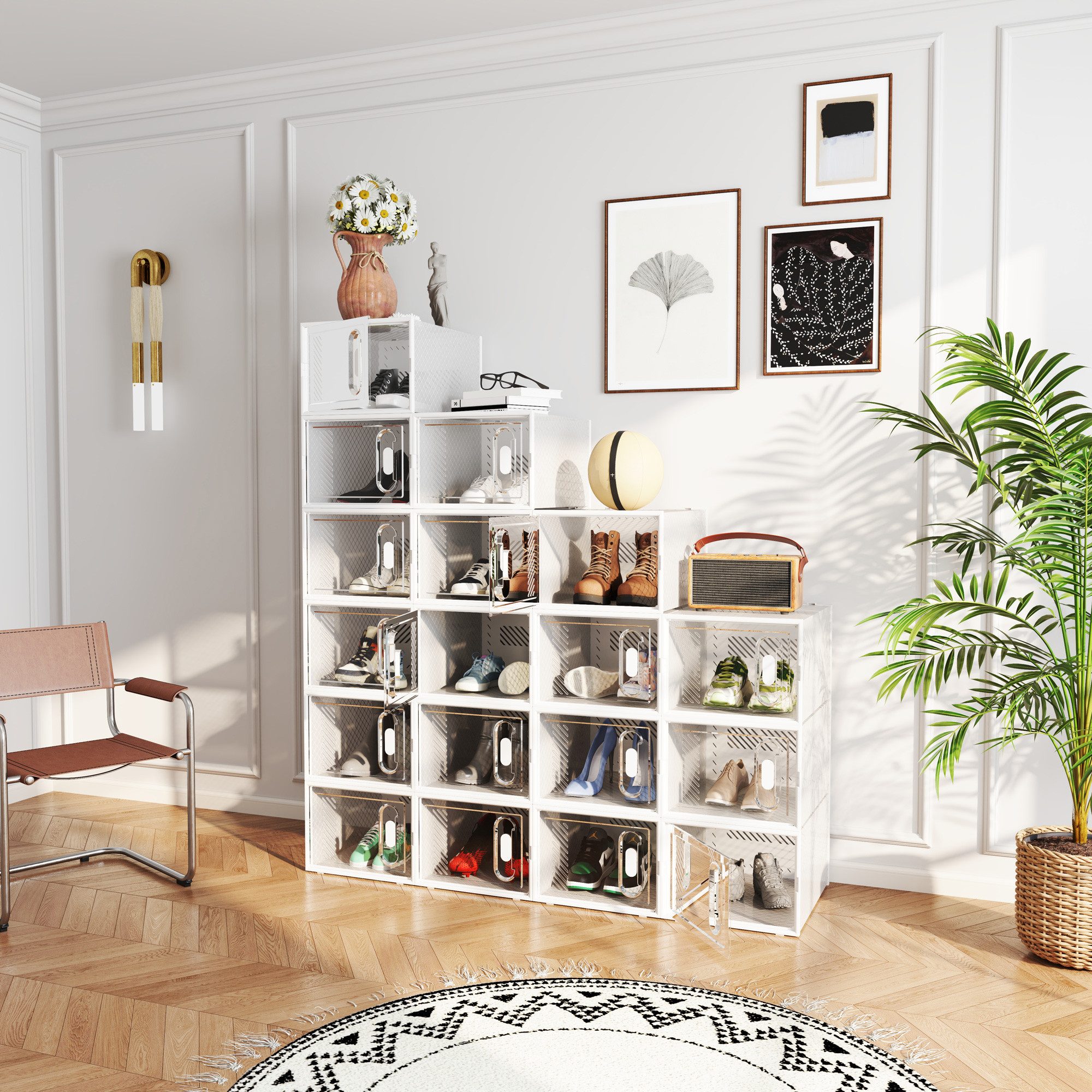 HOMCOM Schuhregal Schuhboxen, Schuhkarton, stapelbar, mit transparent Tür, Schuh-Organizer 8-tlg., für Schuhe bis Größe 45, Transparent+Weiß