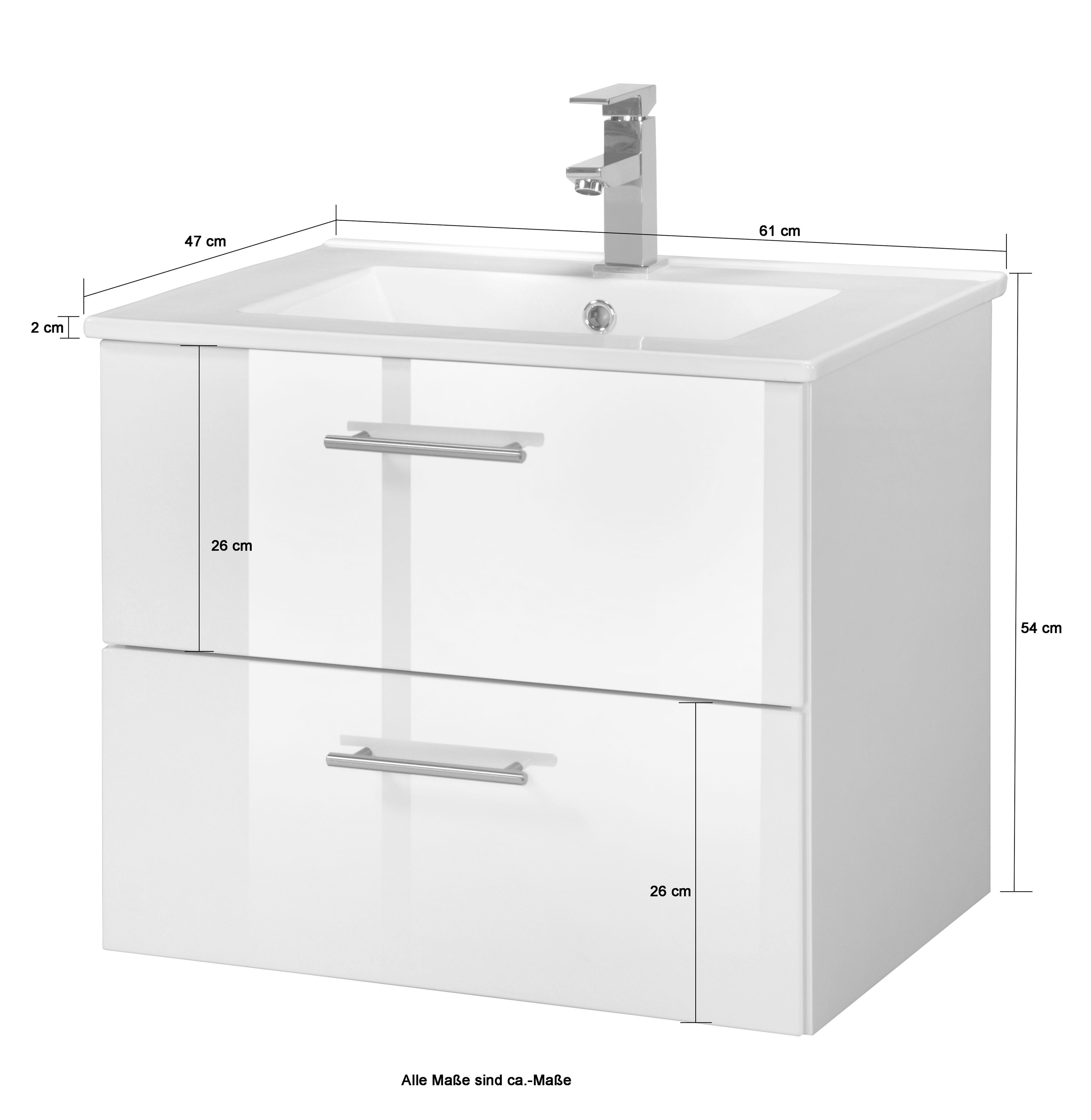 welltime Waschtisch Trento in verschiedenen Ausführungen inkl. Waschbecken, Badmöbel in Breite 60 cm, Badschrank Waschplatz mit 2 Schubladen