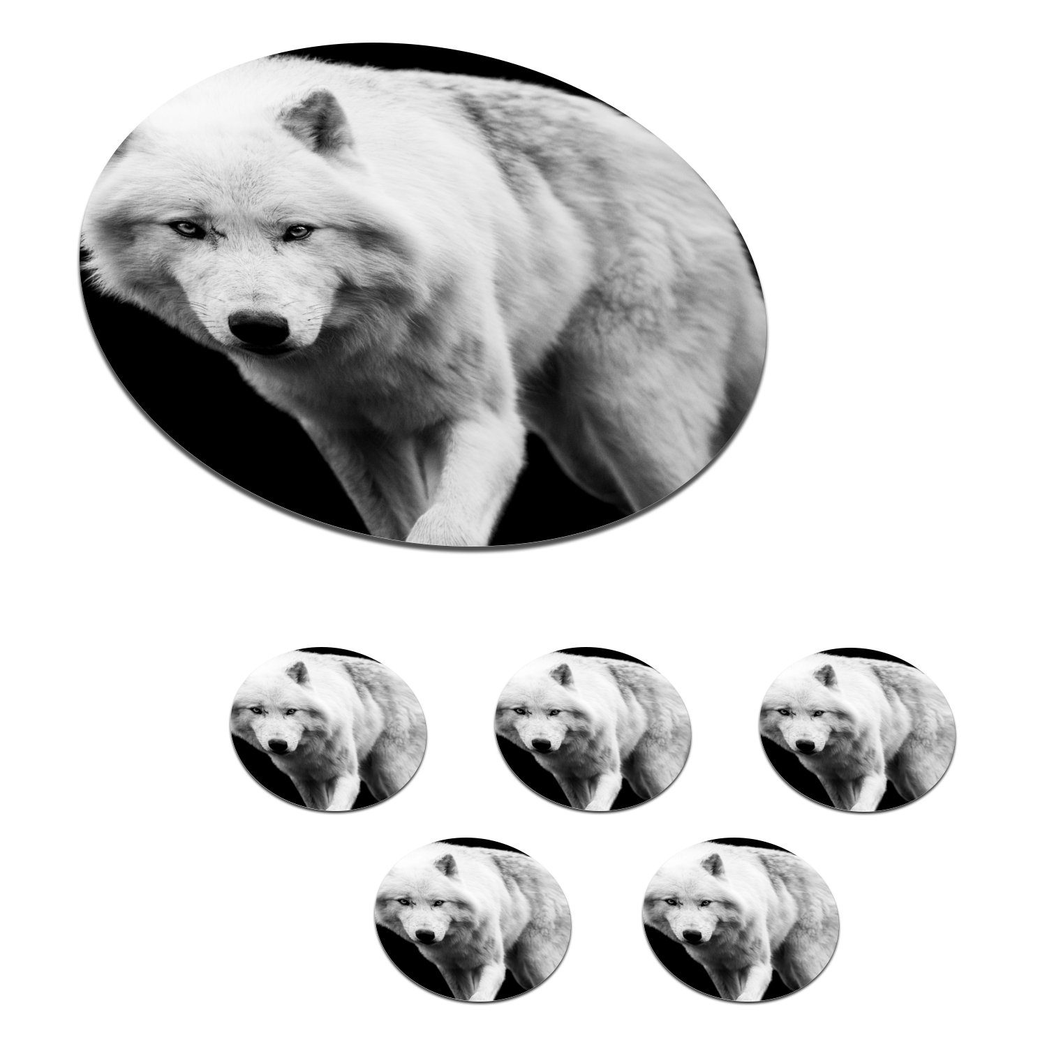 MuchoWow Glasuntersetzer Wolf - Tier - Schwarz - Weiß, Zubehör für Gläser, 6-tlg., Getränkeuntersetzer, Tassenuntersetzer, Korkuntersetzer, Tasse, Becher
