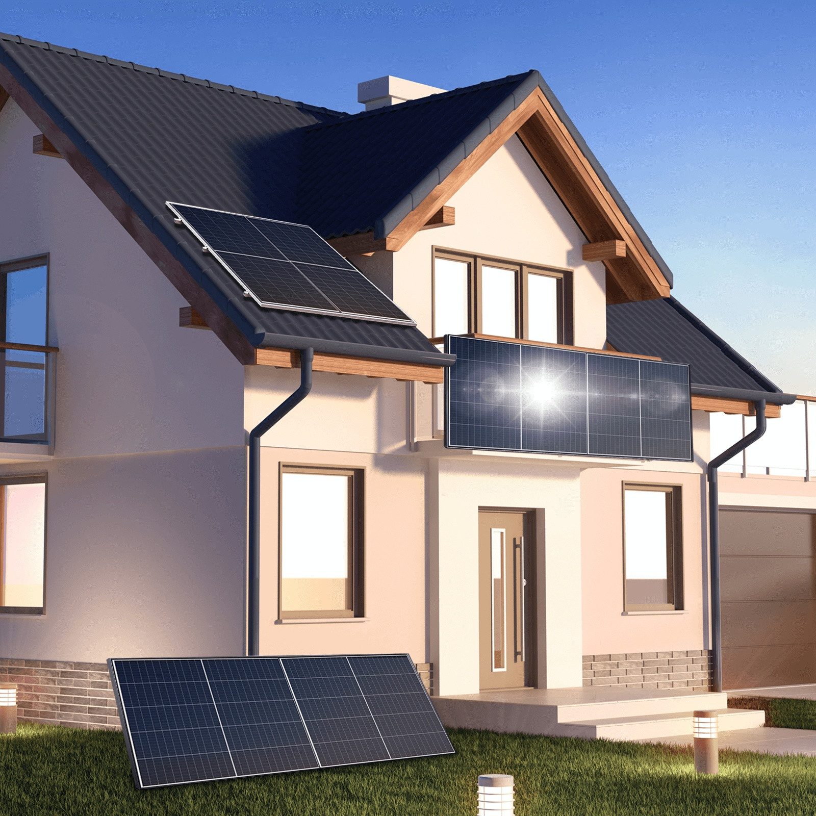 SUNNIVA Balkonkraftwerk 3680W mit 4,096 kWh Speicher Jackery HomePower 2000 Ultra, (BIFAZIAL FULLBLACK komplett Steckdose, PV Solaranlage Komplettset mit Solarspeicher, 8x 460W N-Type Glas-Glas BIFACIAL)