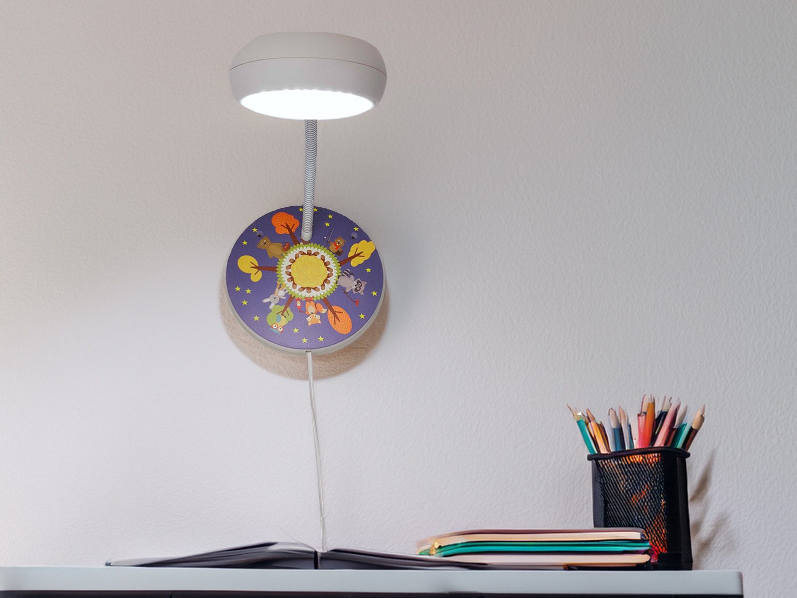 niermann LED Wandleuchte, Flexarm, LED wechselbar, Warmweiß, Leselampe Bett und Nachttisch-Lampe, Waldtiere, klein, 20cm