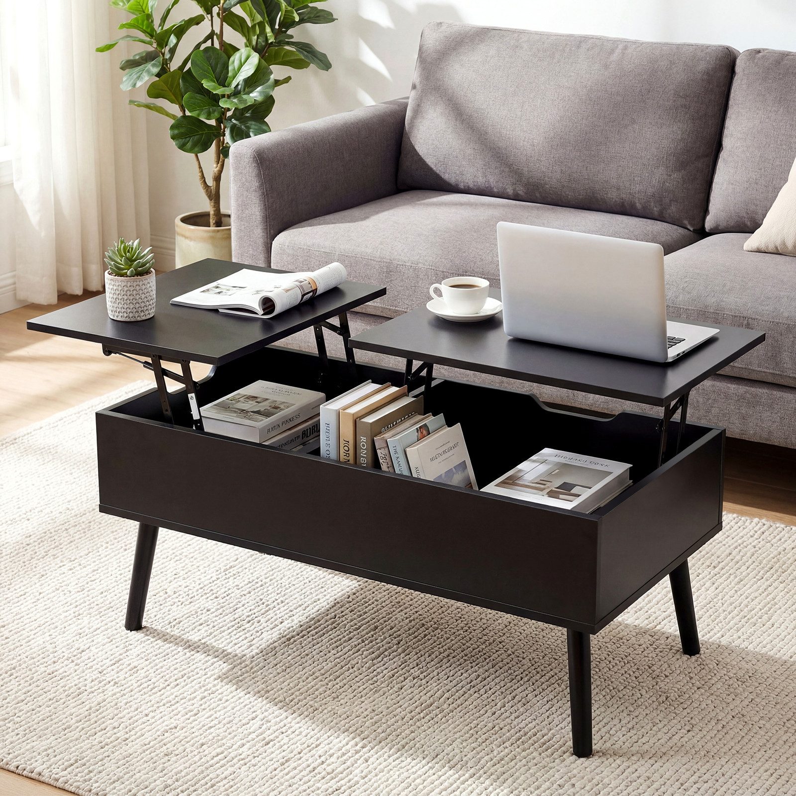 VOWNER Couchtisch Höhenverstellbarer, Versenkbarer, Wohnzimmertisch, Schwarz