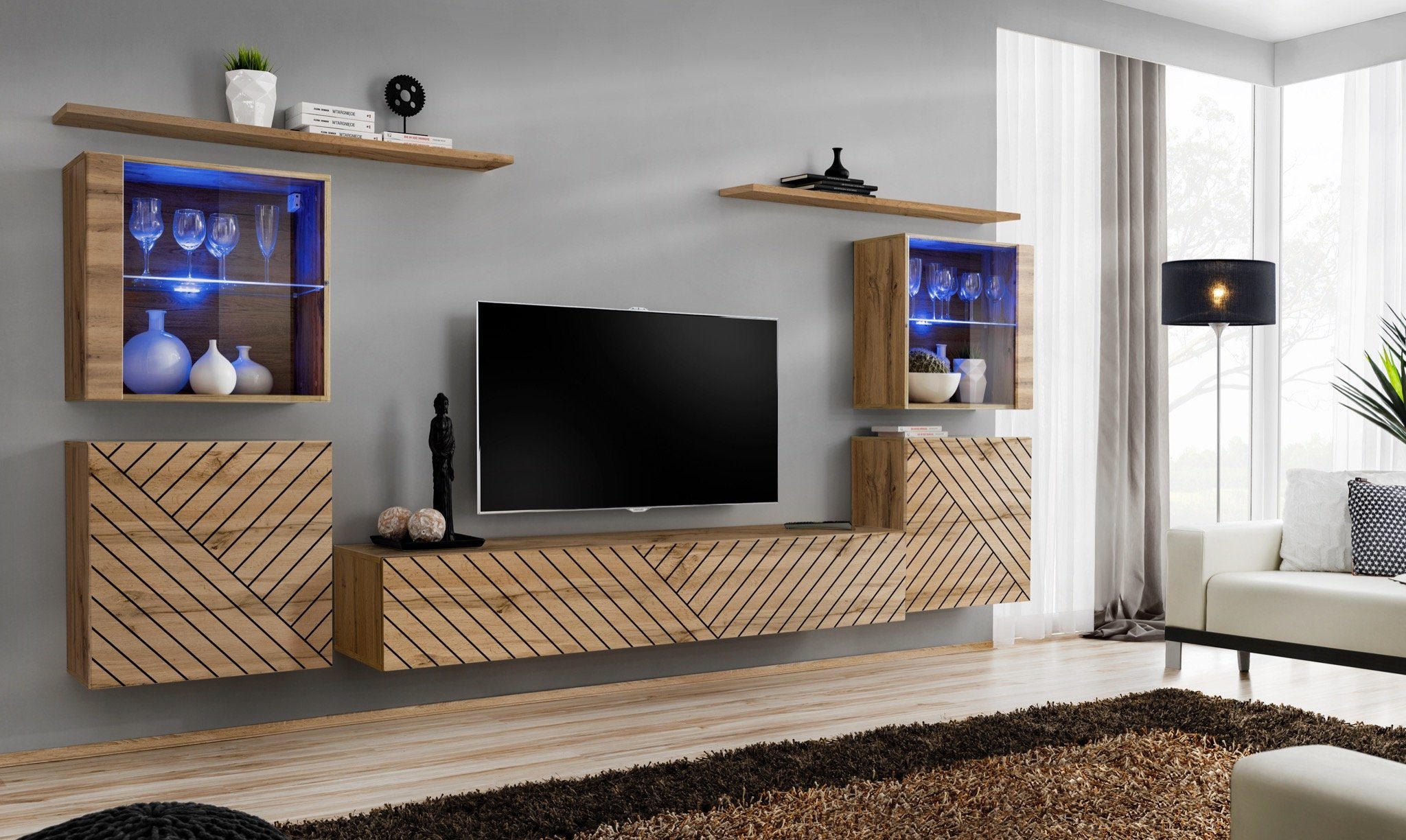 Wohnzimmer-Set), 1×Lowboard, St), 4×Wandschrank, Stylefy Wohnwand aus Wotan 2×Wandboard, hängend XIV L, Swotch Eiche (Set bestehend (7