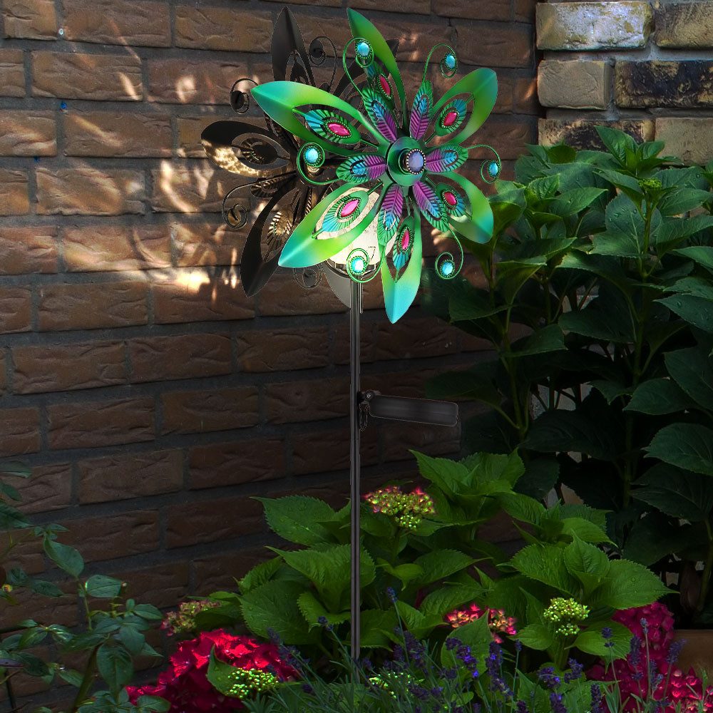 GLOBO LIGHTING LED Solarleuchte, LED-Leuchtmittel fest verbaut, Warmweiß, Solarleuchte Windrad Glaskristalle LED Solarlampe Erdspieß bunt