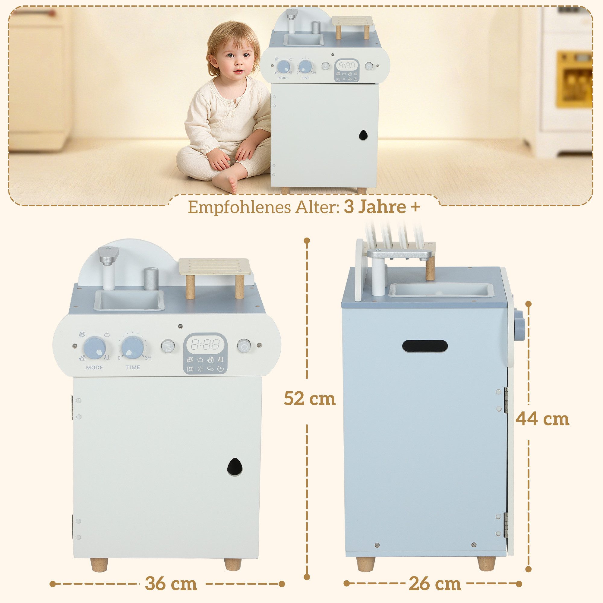 AIYAPLAY Spielküche mit Wasserhahn Spüle und Zubehör MDF, Kiefernholz, Spielzeug für Kinder Geschenk für Mädchen Jungen ab 3 Jahren Hellblau
