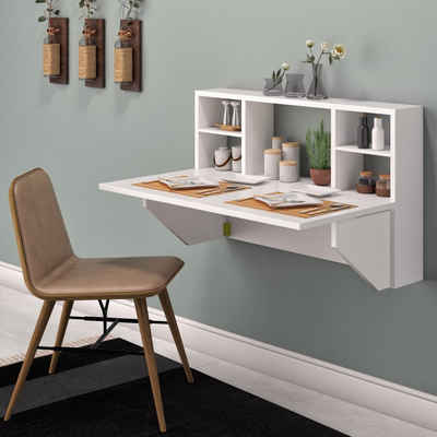 Moblix Klapptisch "KANI" mit Regalablagen, Schreibtisch, Wandtisch, Computer-, Bürotisch (Wandklapptisch, 90/50 cm), Wandmontierung