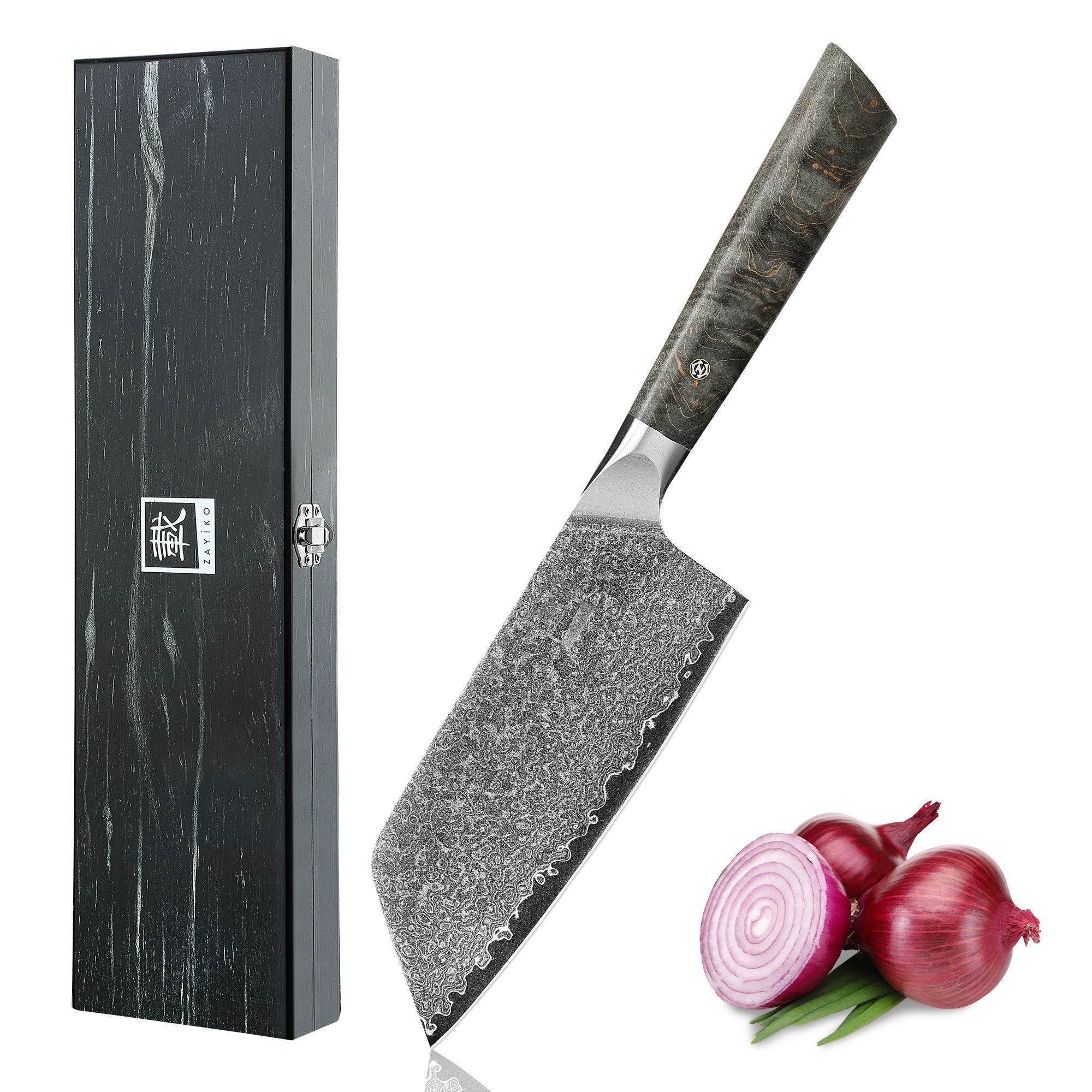 ZAYIKO Asiamesser Professional Series Damast Nakiri 16 cm Klinge Ahornholzgriff, Damaststahl, VG10-Kern