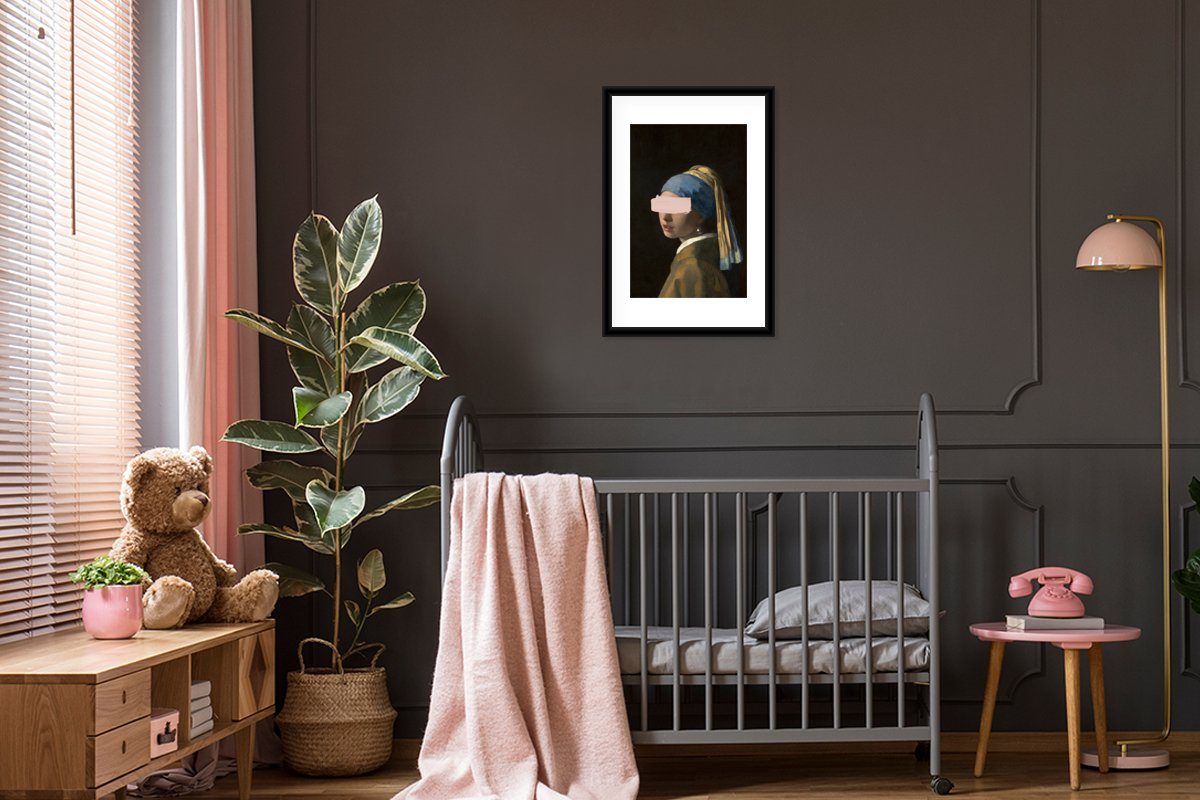 Pastell, Schwarzem MuchoWow Rahmen, Johannes - St), Poster, - Gerahmtes mit Bilderrahmen mit Perlenohrring Vermeer Mädchen Kunstdruck, (1 Poster