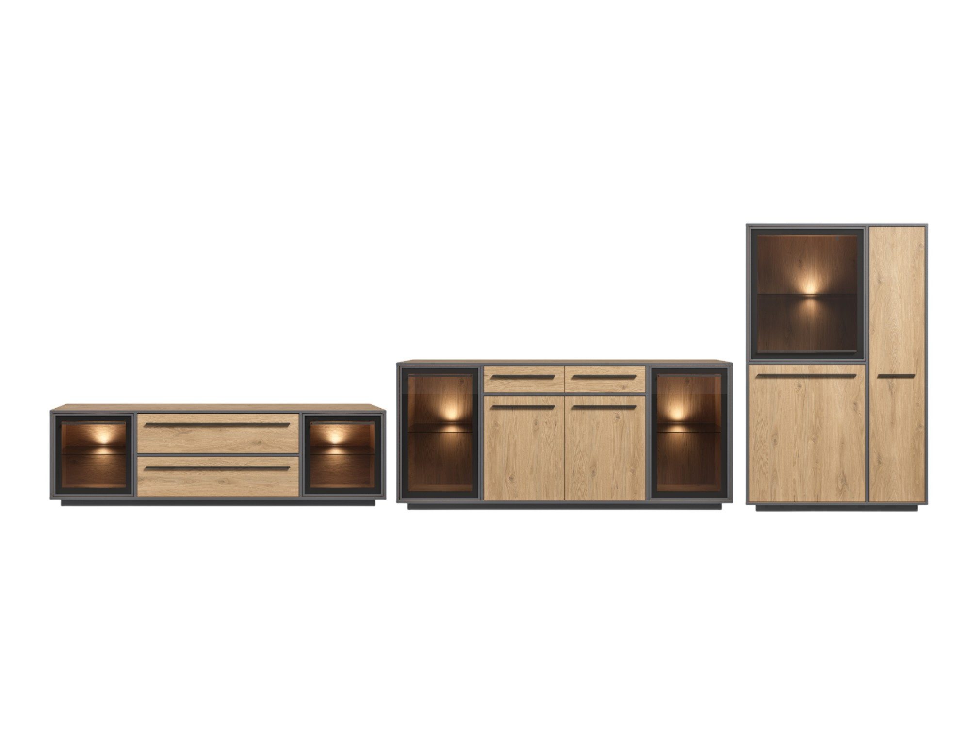 moebel-dich-auf Wohnwand NARDO, (Wildeiche / Absetzung: Anthrazit, Verschiedene Board-Sets), Braunglas, Softclose, inkl. LED-Beleuchtung