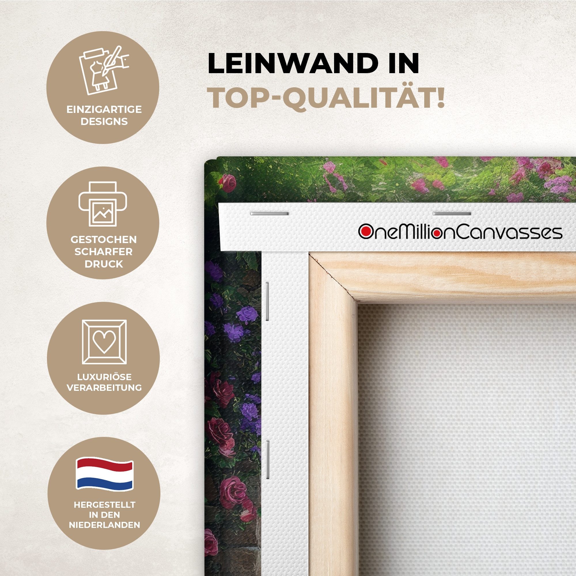 OneMillionCanvasses® Leinwandbild Durchblick - Landschaft - Blumen - Weg - Aussicht, Fotodruck (1 St), Leinwand Canvas Wandbild, Wanddekoration 20x30 cm