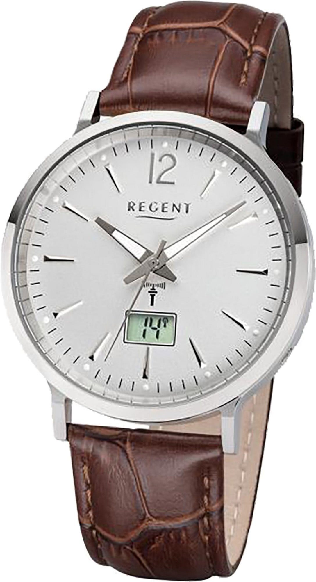 Regent Funkuhr Regent Leder Herren Uhr FR-243, Herrenuhr mit Lederarmband, rundes Gehäuse (ca. 40mm), Elegant-Style