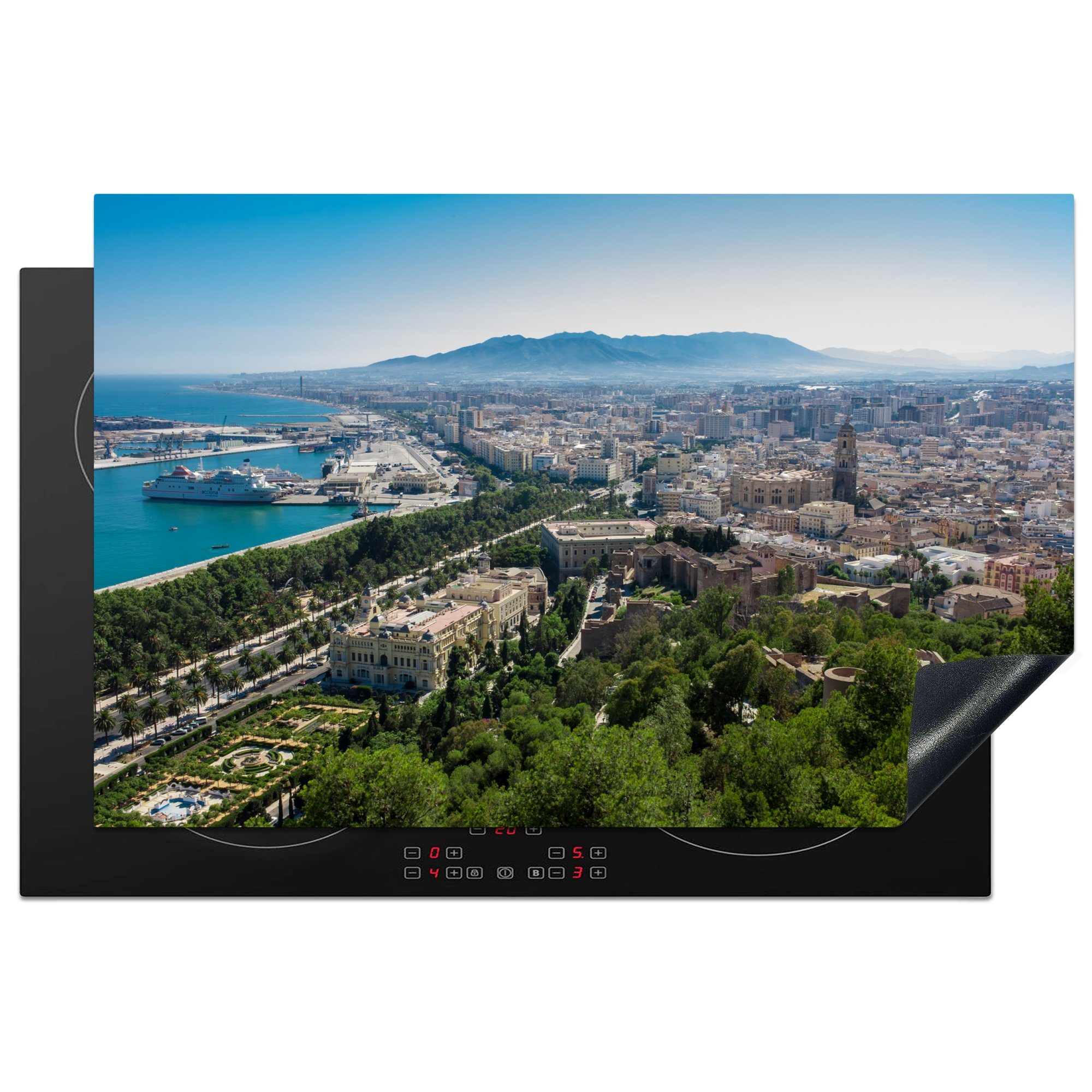 MuchoWow Herdblende-/Abdeckplatte Ein Luftbild von Málaga von einem Aussichtspunkt in Spanien, Vinyl, (1 tlg), 81x52 cm, Induktionskochfeld Schutz für die küche, Ceranfeldabdeckung