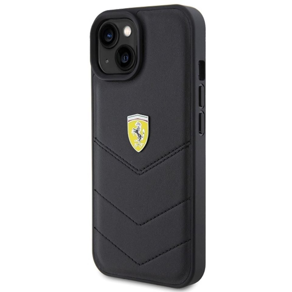 Ferrari Handyhülle Case iPhone 15 Echtleder schwarz Logo Metall 6,1 Zoll, Kantenschutz