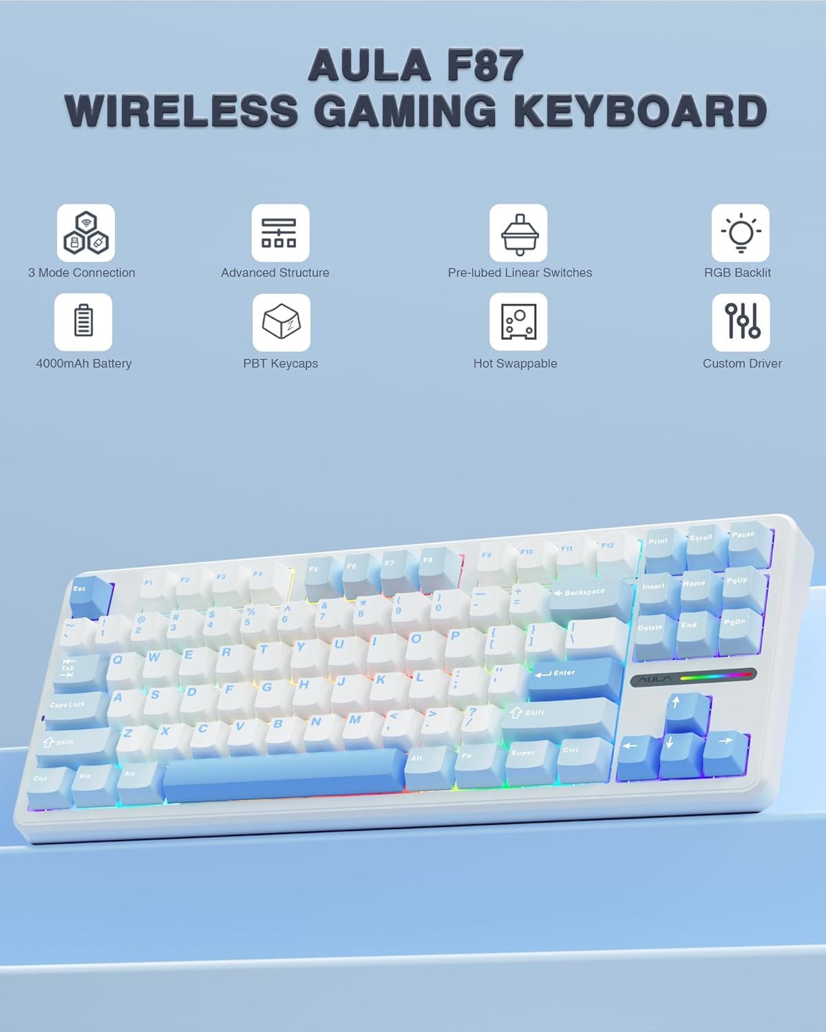 nsihing AULA F87 Mechanische Tastatur 75% QWERTY US BT/2,4GHz/USB Gaming-Tastatur
