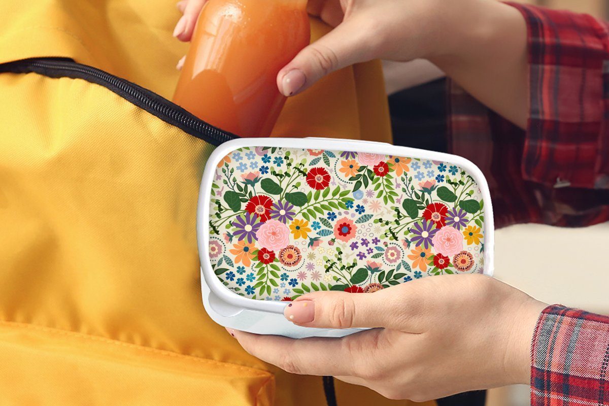 Erwachsene, Lunchbox Blätter - Jungs Kinder und Mädchen MuchoWow für (2-tlg), weiß Brotbox - und Kunststoff, Design, Brotdose, Blumen für